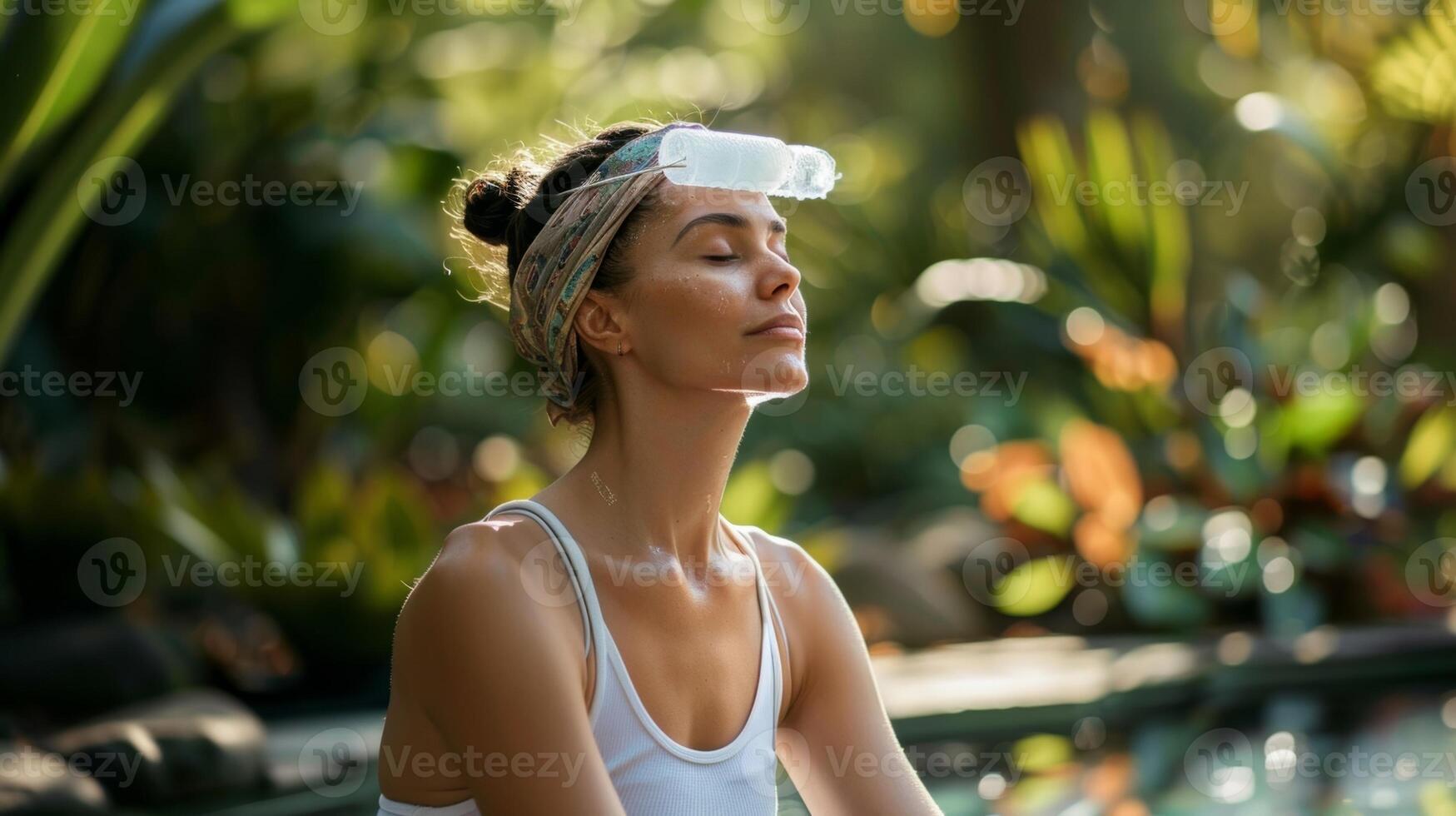 A woman meditating in a peaceful garden with an ice roller on her forehead for relaxation and rejuvenation photo
