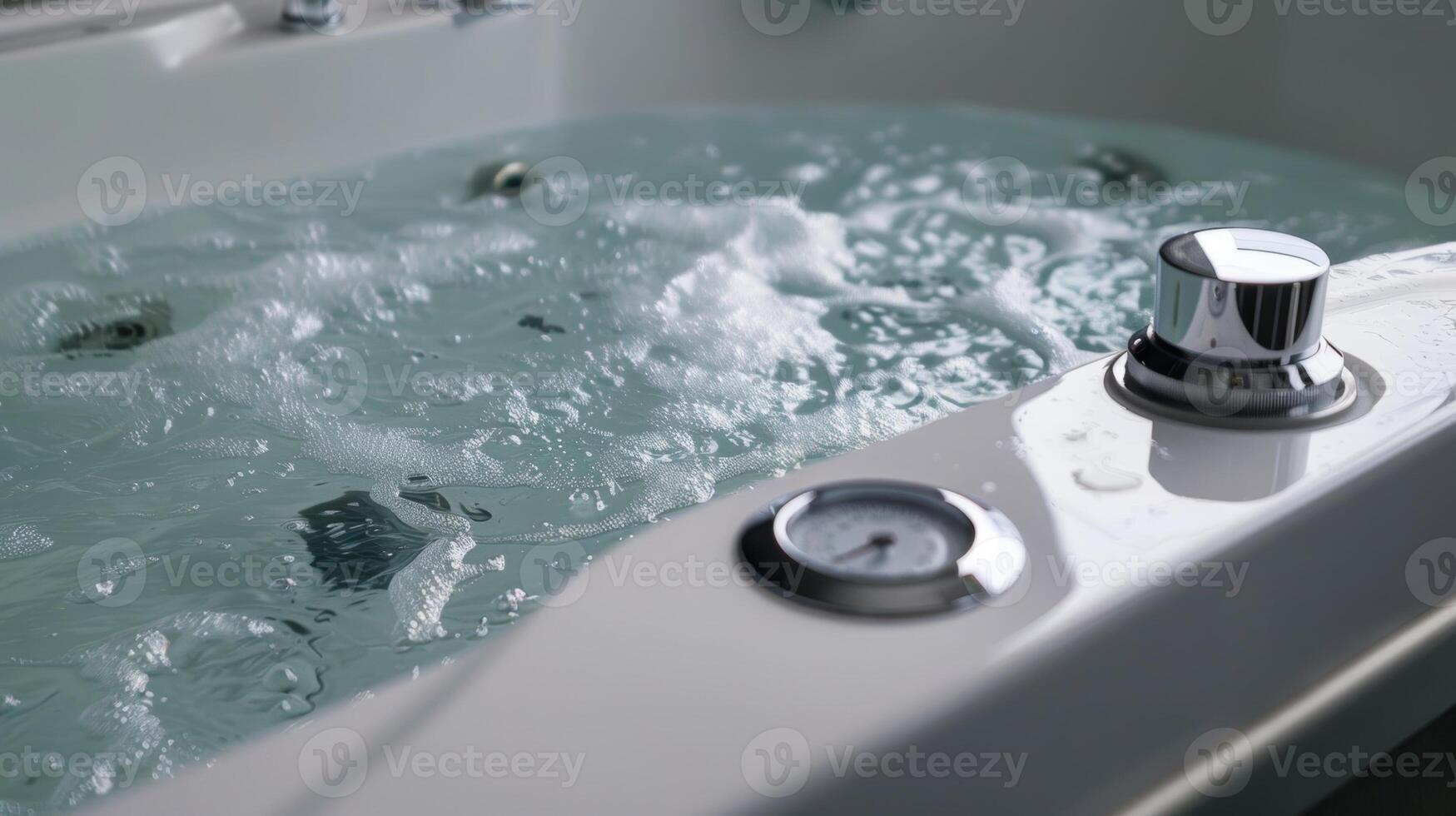 A bathtub filled with cold water equipped with a thermometer to ensure the water is at the desired temperature for a cold water therapy session photo