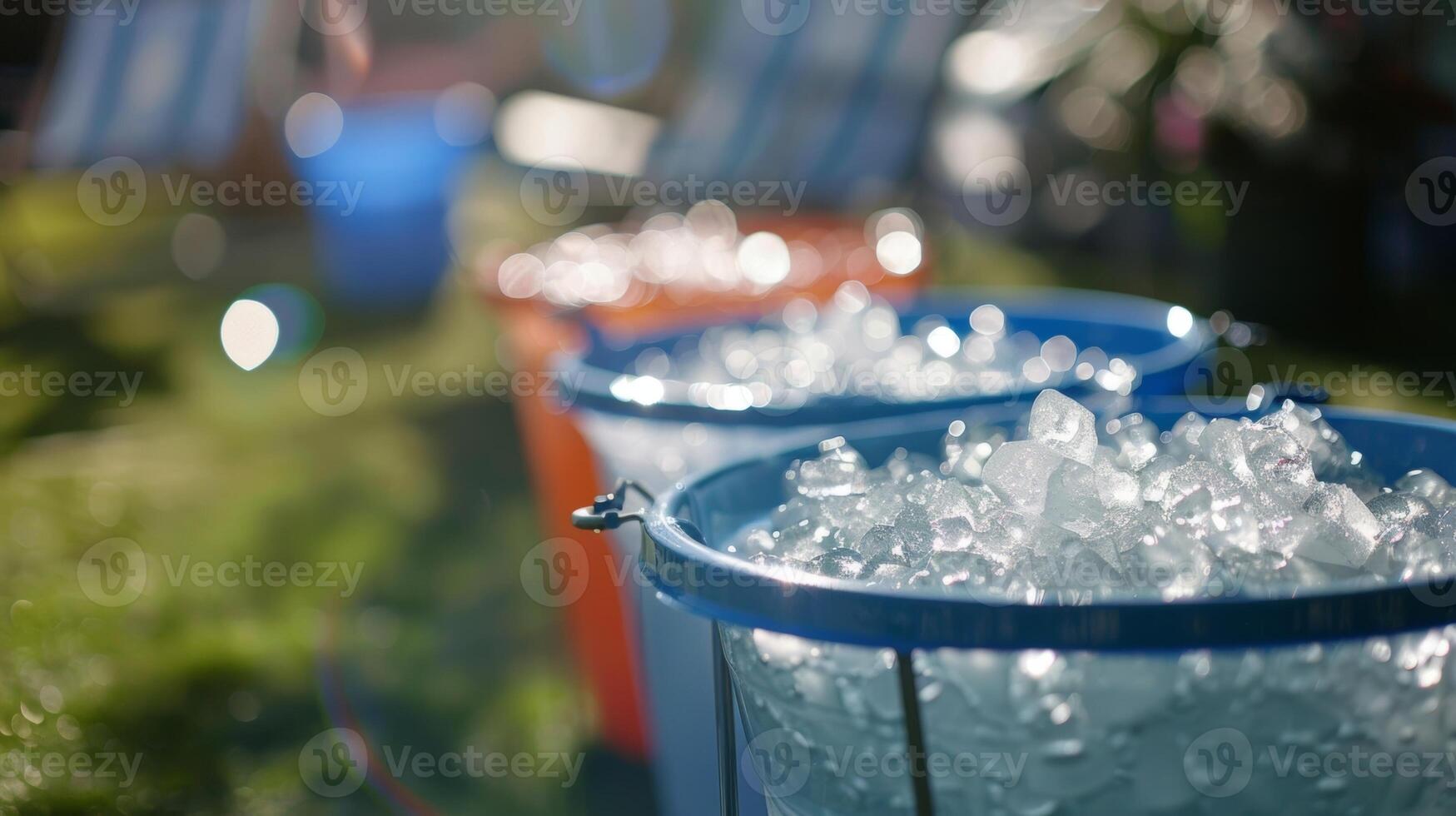A makeshift ice bath set up in a backyard with buckets of ice and cold water ready for the next challenger photo