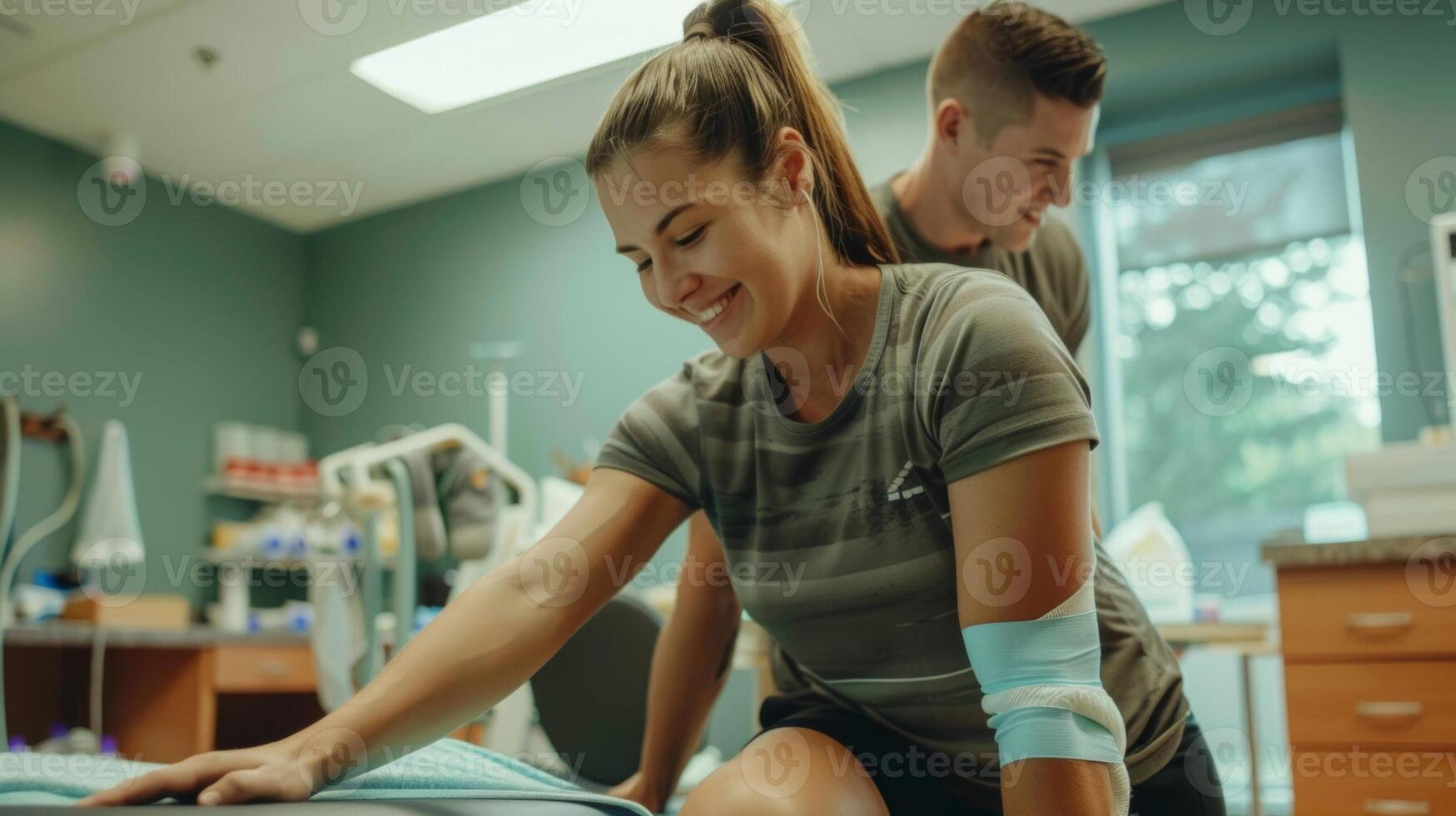 A person stretching with the help of a the after a session of cold therapy photo