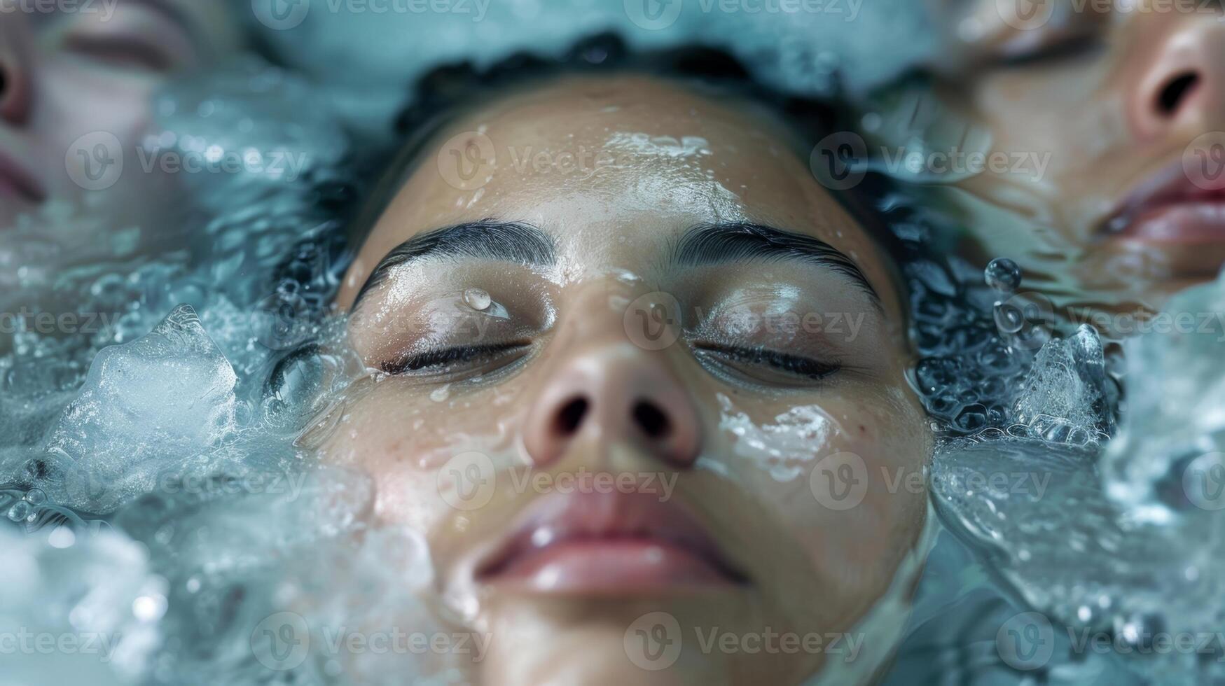 A meditative circle of individuals submerged in an ice bath eyes closed and deep in thought photo