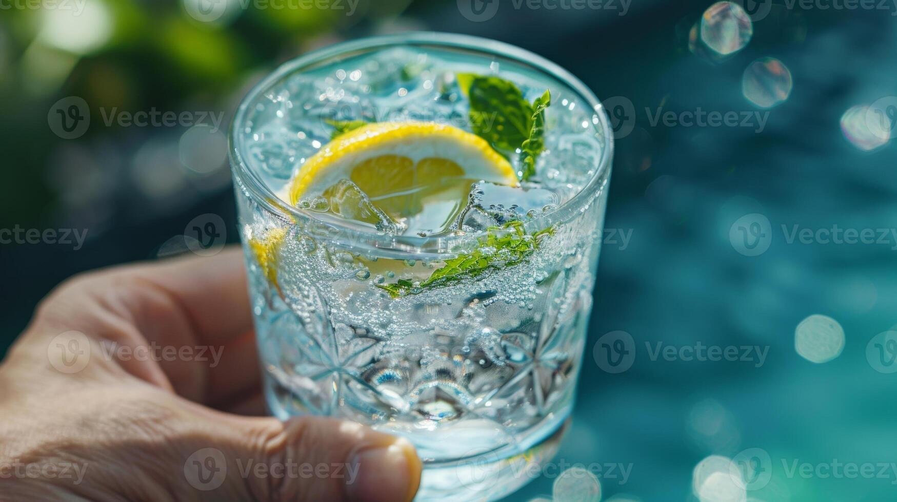 A closeup image of someones hand holding a cup of ice water with a lemon wedge and mint leaves floating on top photo
