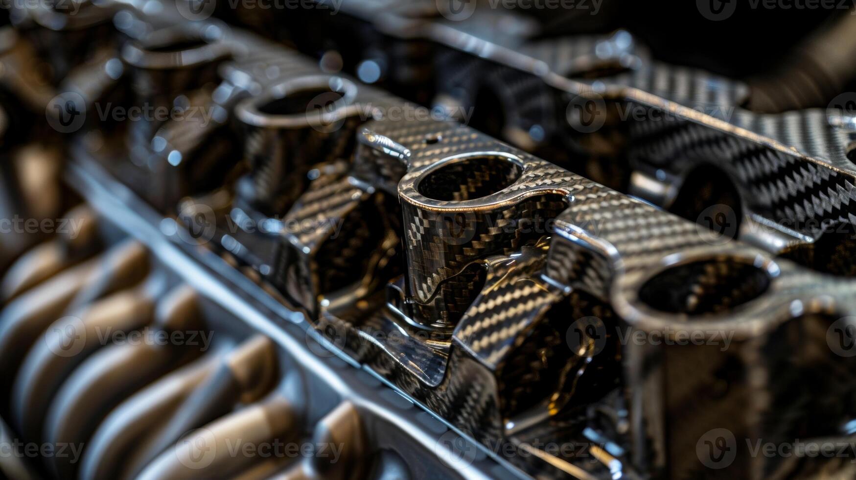 A detailed shot of an engine block made from carbon fiber known for its strength and light weight properties photo