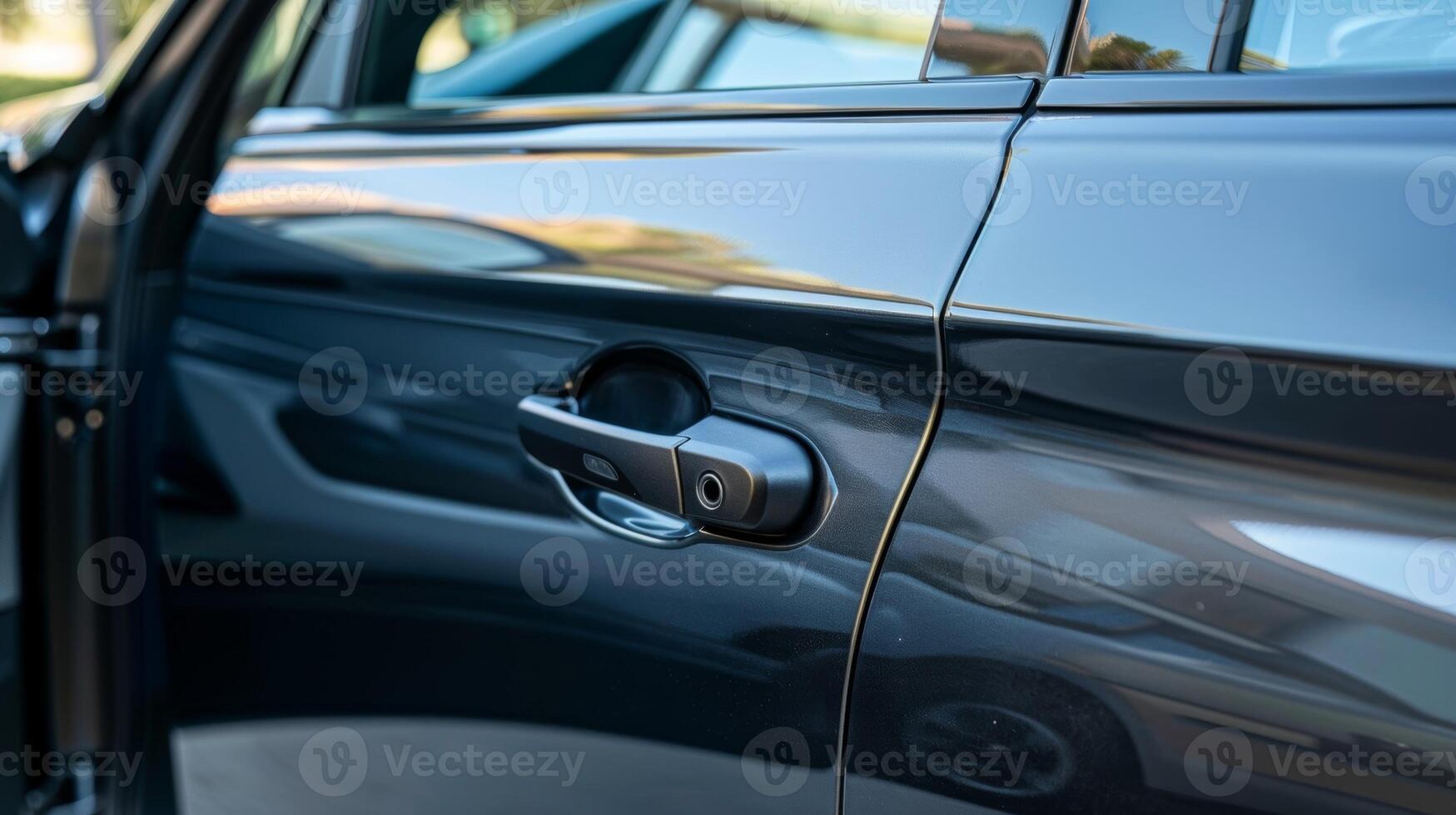 A side view of a parking brake handle and its placement near the drivers door with the open door slightly visible in the background photo