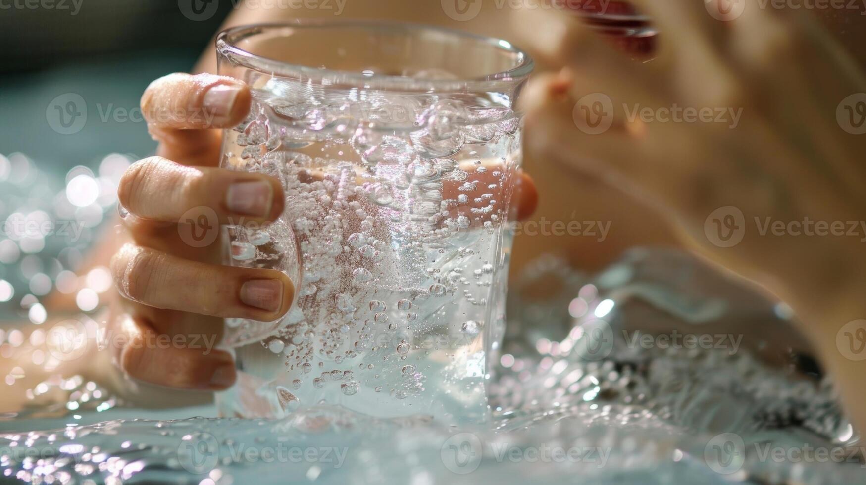 A person holding a glass of cold water taking quick sips in between dips in the ice water during a cold water therapy session photo
