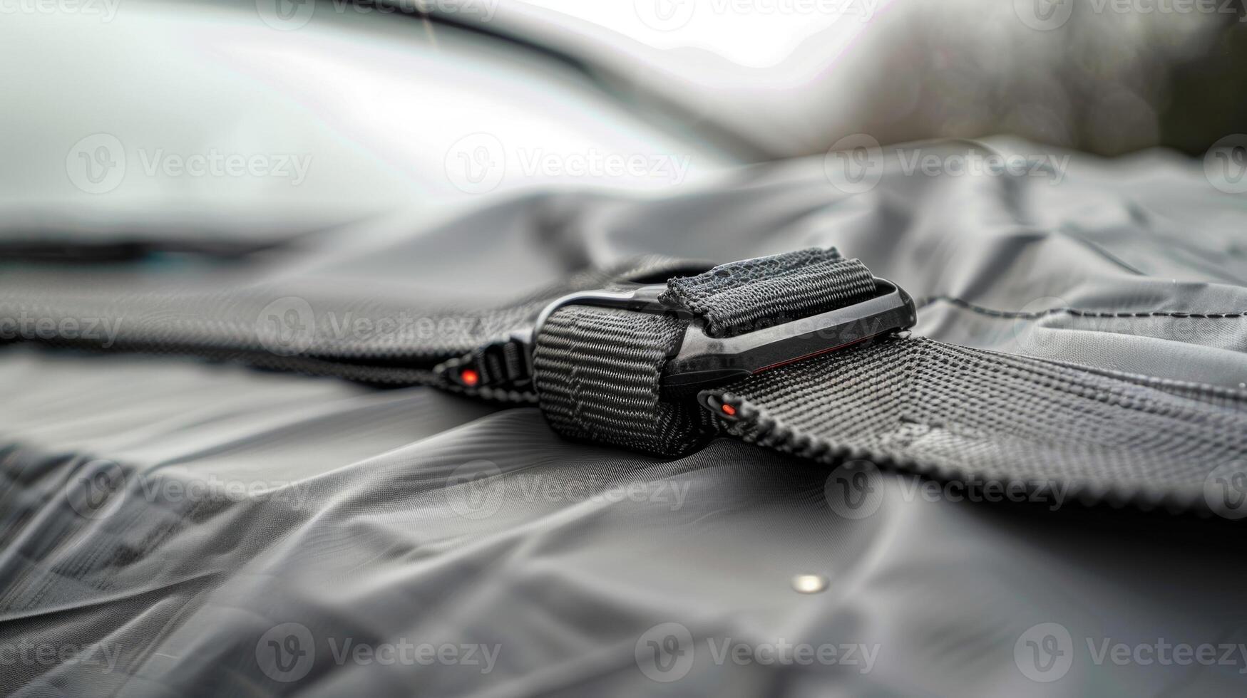 A closeup of the buckle and s system used to secure a car cover in place during strong winds photo