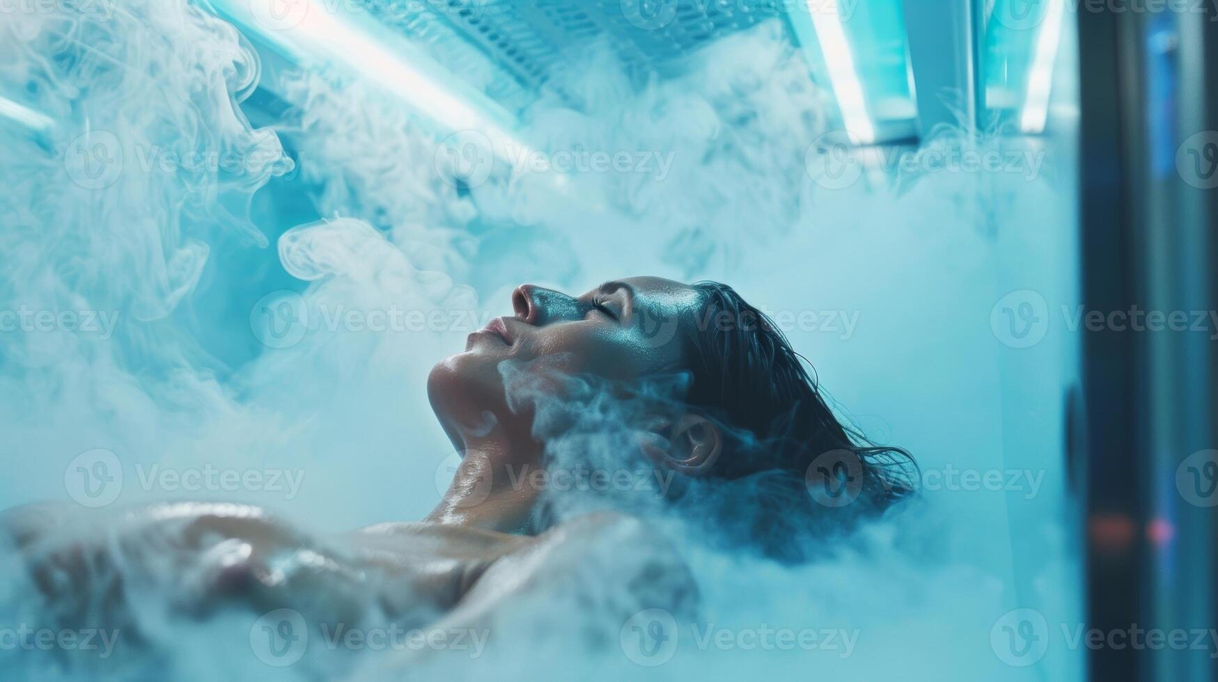 A woman lays on her back inside the cryotherapy machine with only her head peeking out of the mist swirling around her body photo