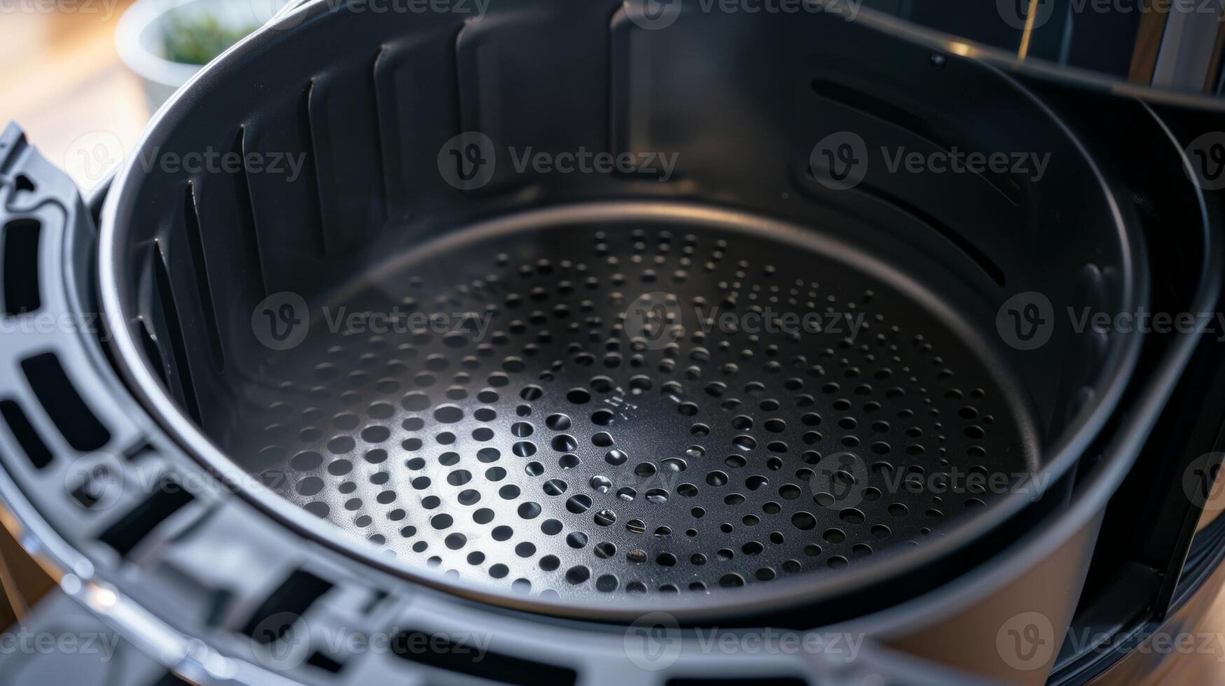 The interior of an air fryer displaying the nonstick coating and mesh bottom that helps achieve optimal air circulation for cooking photo