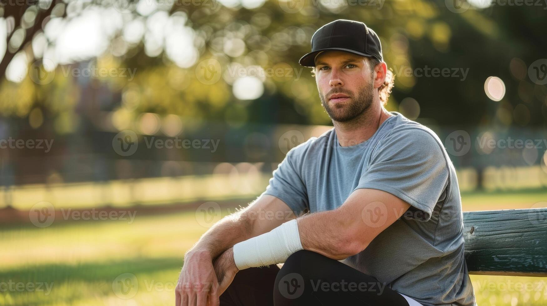 A baseball pitcher sitting on a bench holding a cold therapy compression wrap on his throwing arm to reduce inflammation and promote healing photo