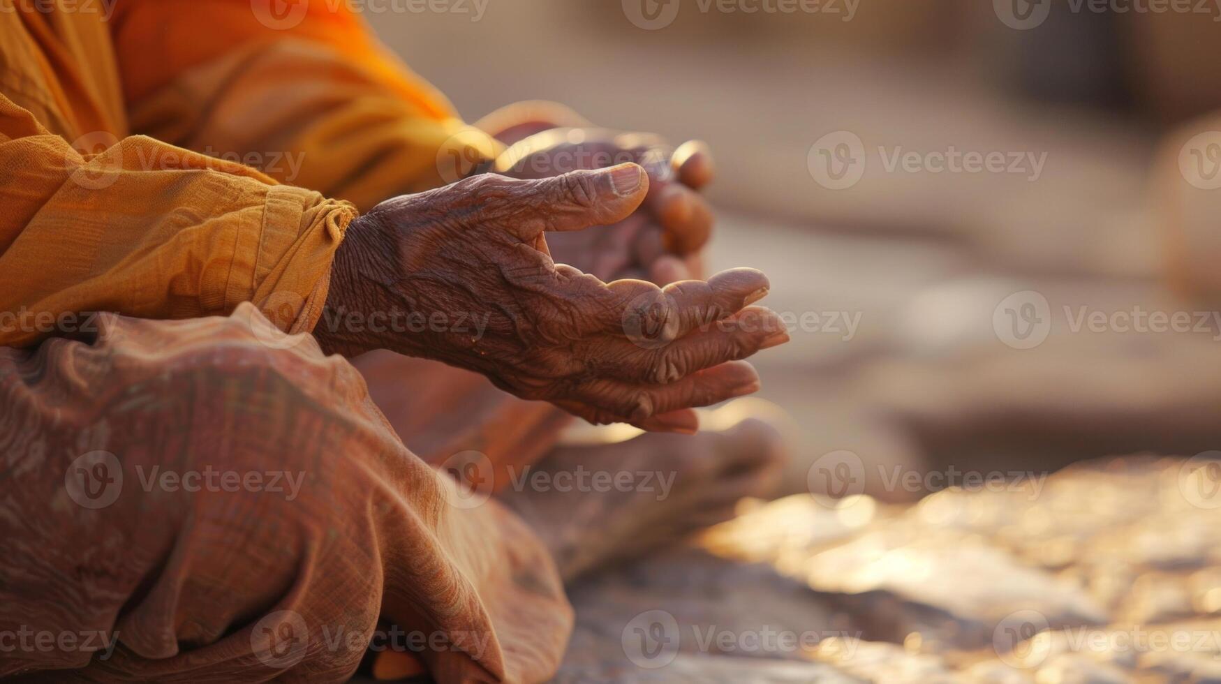 The meditators hands rest gently on their knees exuding a sense of peace and stillness even amidst the extreme temperature photo