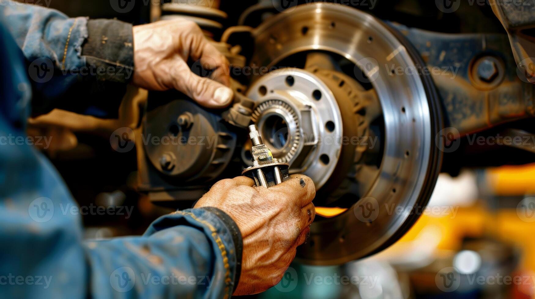 Closeup of a wheel bearing being inspected by a mechanics hand using a special tool to check its rotation and movement photo