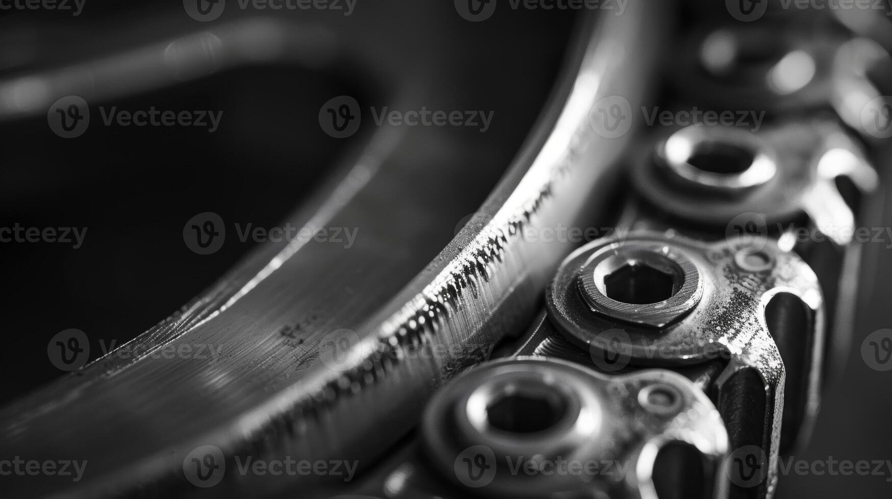 A black and white image of a motorcycle wheel bearing showcasing its intricate grooves and patterns in striking detail photo