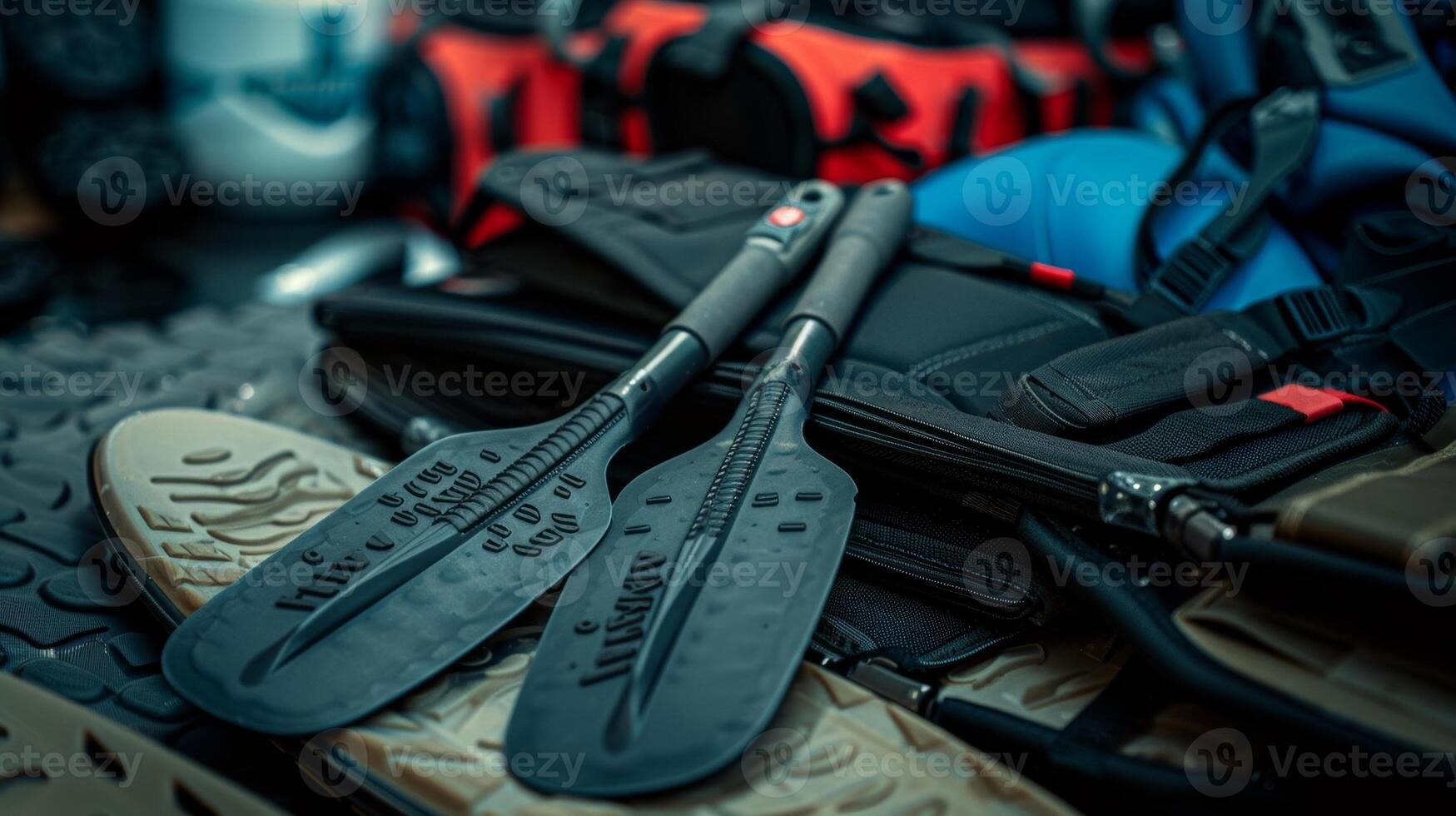 A pair of swim paddles with adjustable ss sit on top of a pile of cold water swim gear ready to be used for strength and resistance training photo