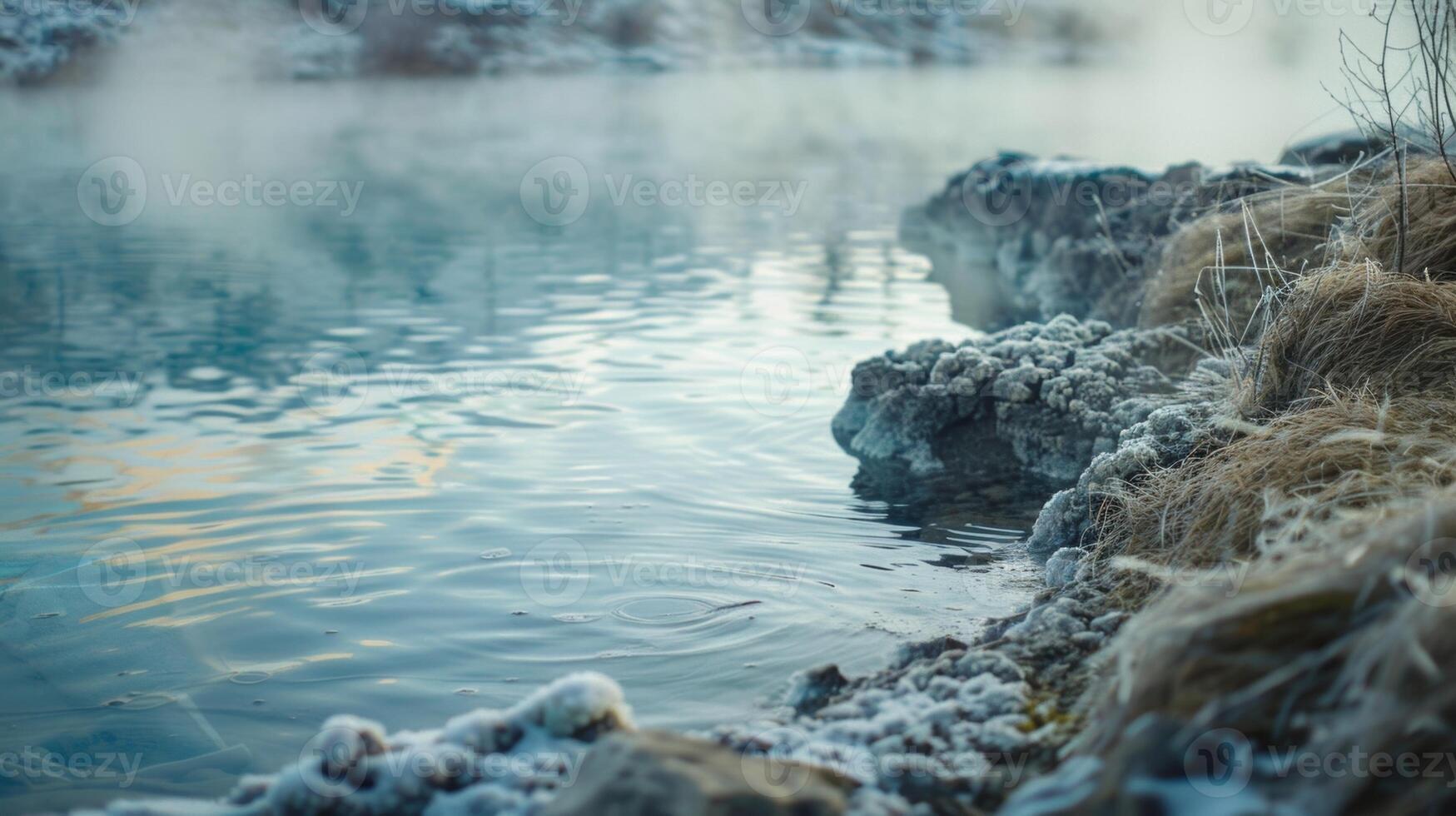 Steam rising from the surface of the water as someone slowly descends into its freezing depths photo