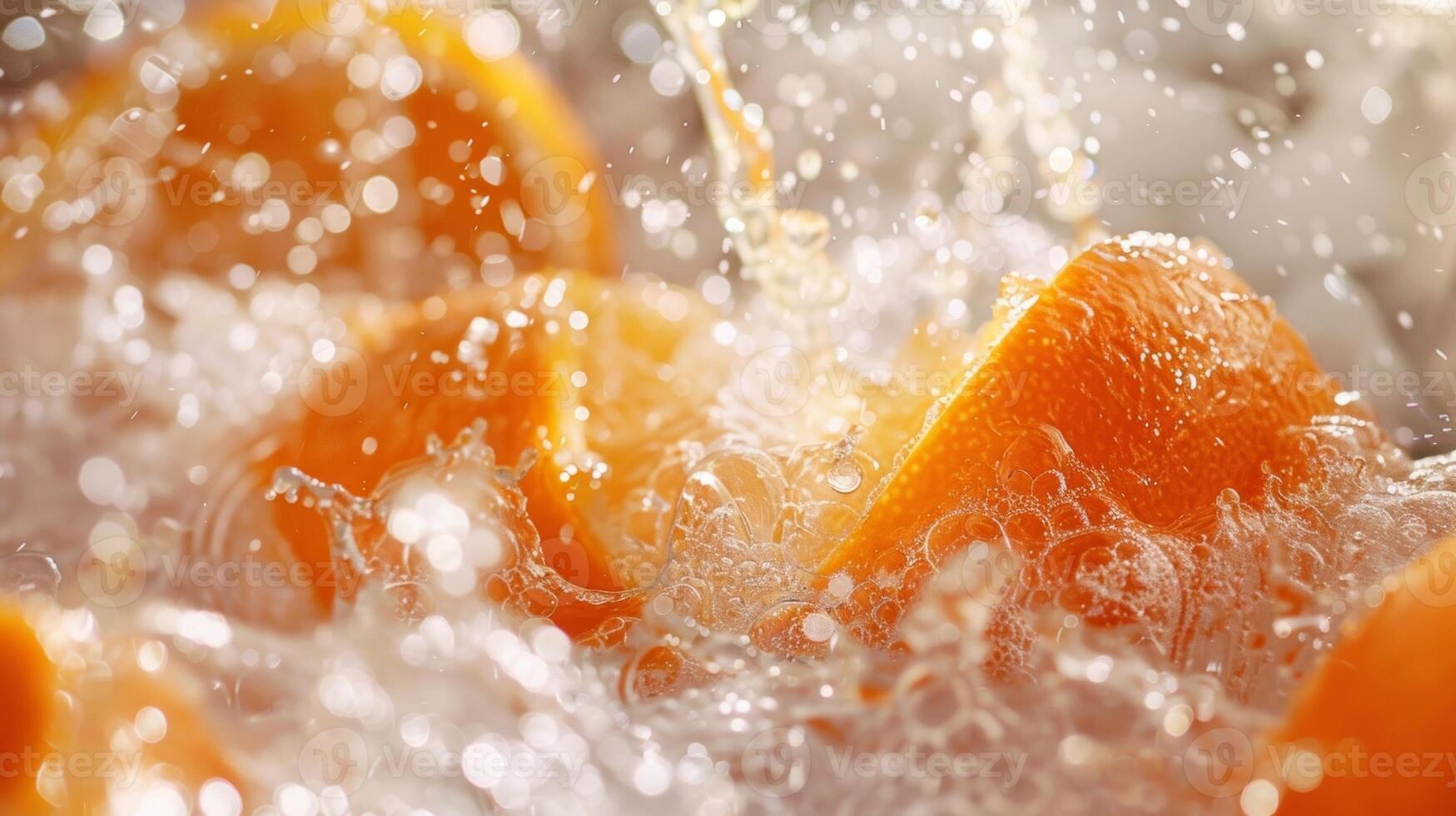 A closeup of bright orange drops of citrus essential oil being poured into a tub of cold water adding a burst of energy to the ice bath photo