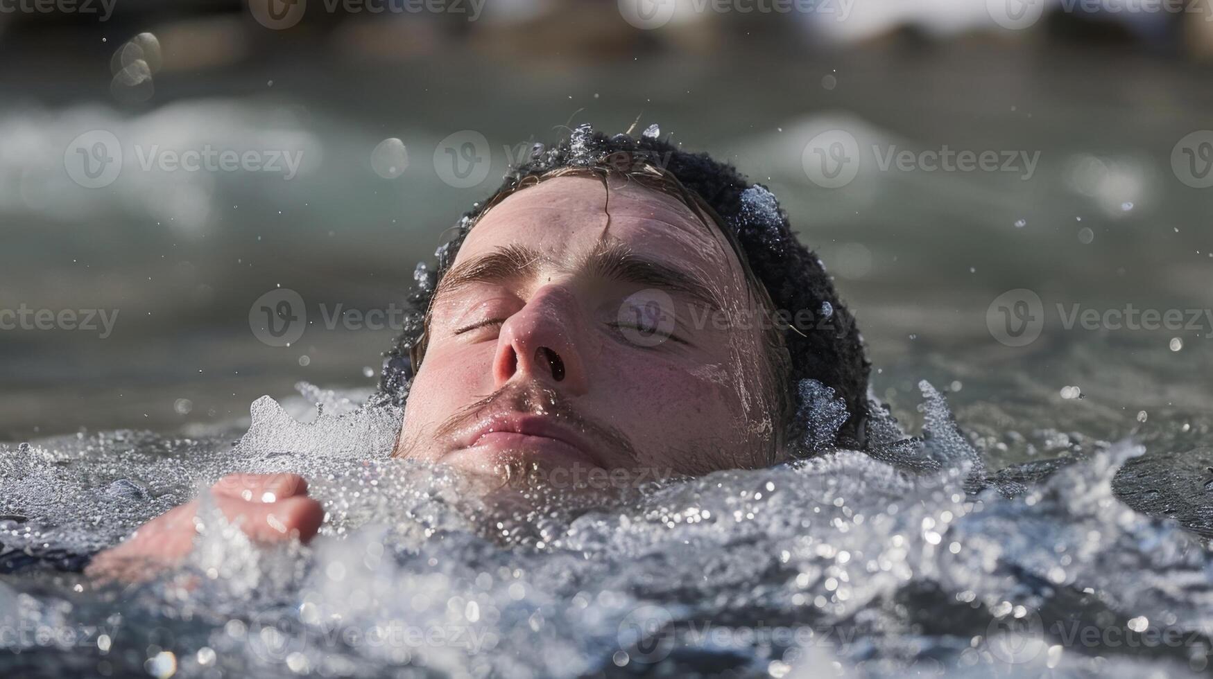 As the meditator sinks deeper into their icy bath their mind becomes still and their body relaxed embracing the transformative power of the cold water photo