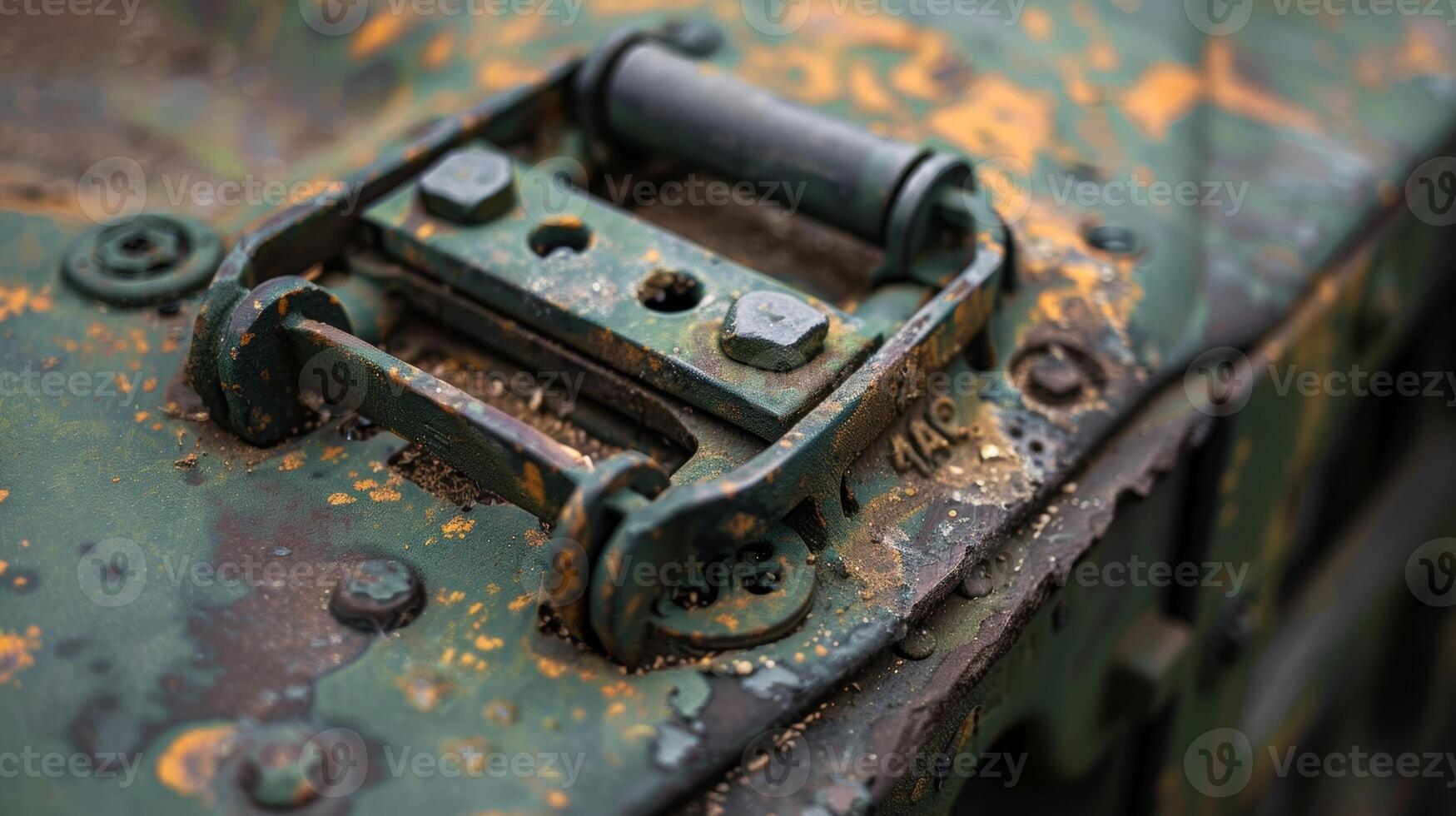 A macro shot of a hood latch on a military vehicle showcasing the rugged and durable mechanisms necessary for extreme offroad use photo