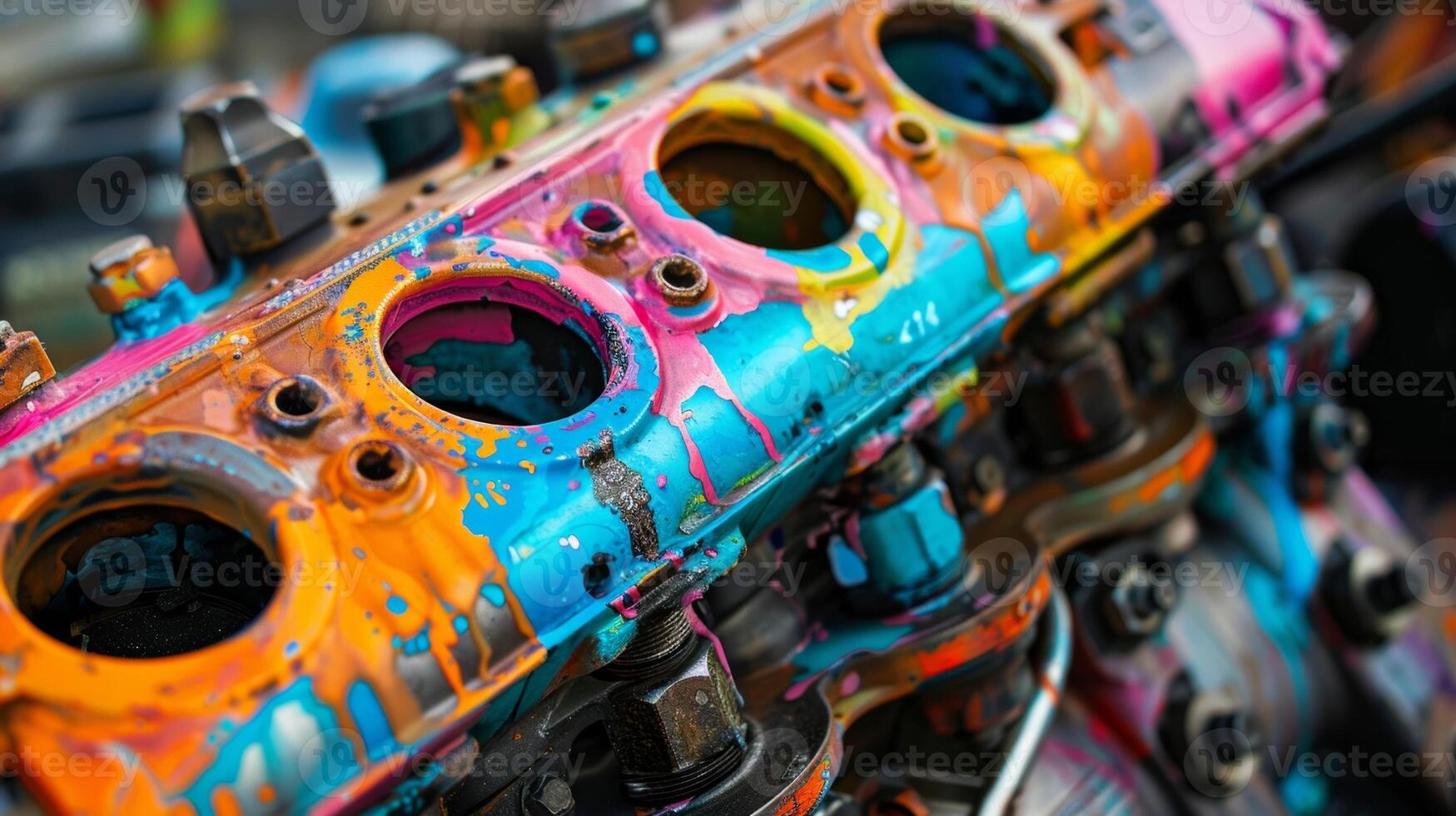 Closeup of an engine block that has been painted in vibrant colors making it stand out from traditional metal blocks photo