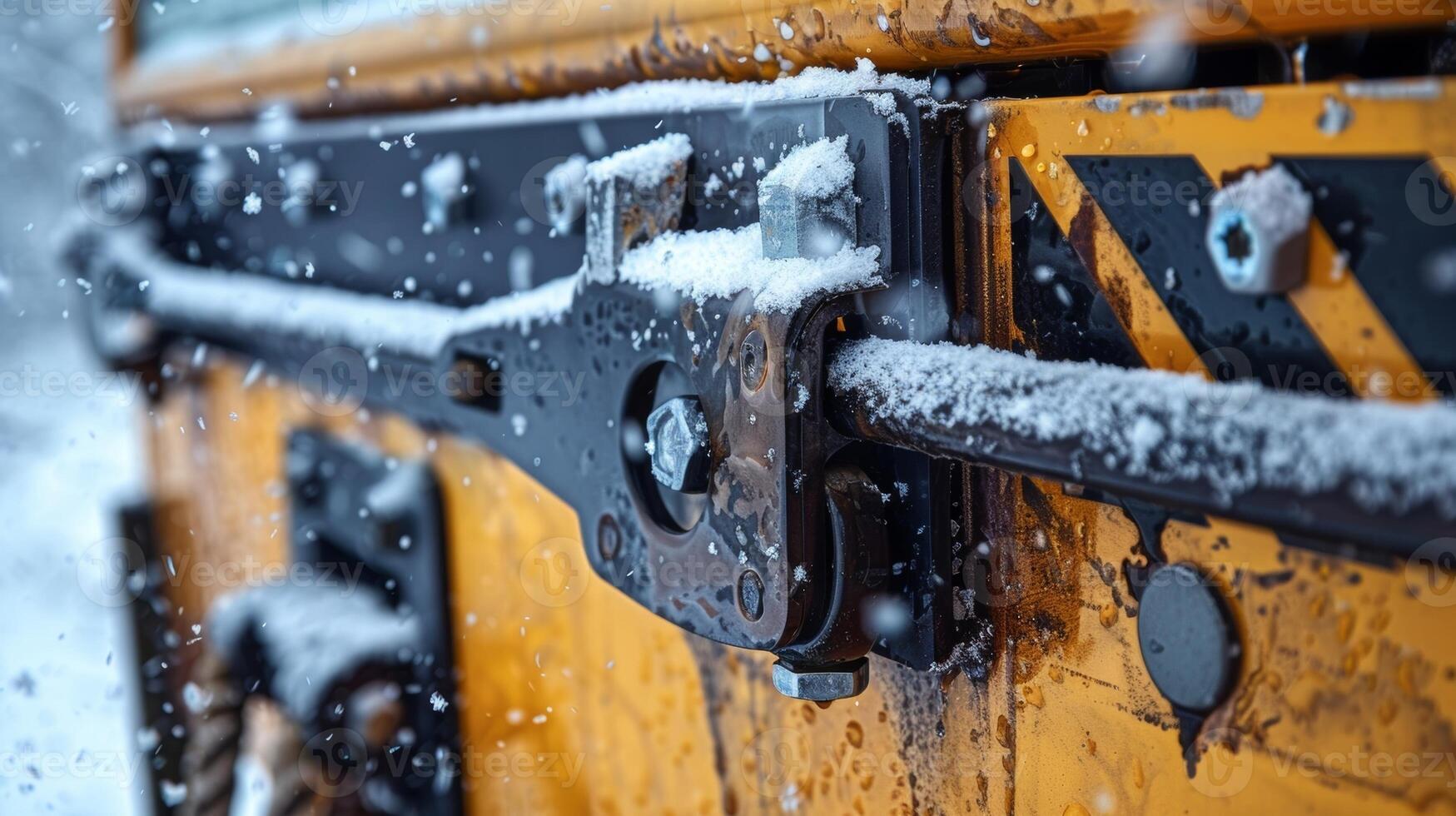 A photograph of a hood latch on a snowplow demonstrating the heavyduty and weatherresistant construction necessary for harsh winter conditions photo