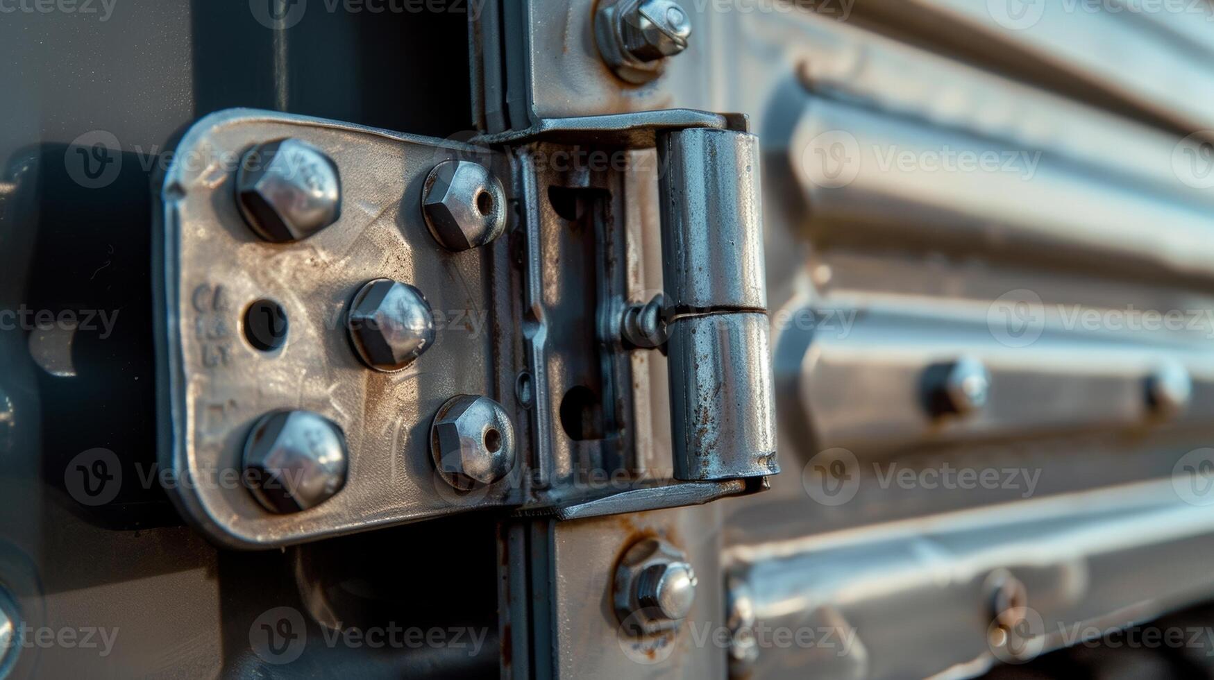 A closeup shot of a hood latch on a truck with a heavyduty design featuring multiple bolts and sy hinges photo