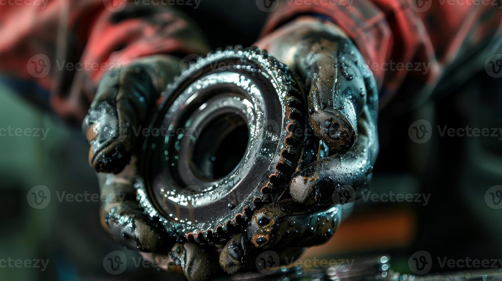 A mechanics greasecovered hand holding a freshly greased wheel bearing ready to be installed on a cars axle for smooth and frictionless movement photo