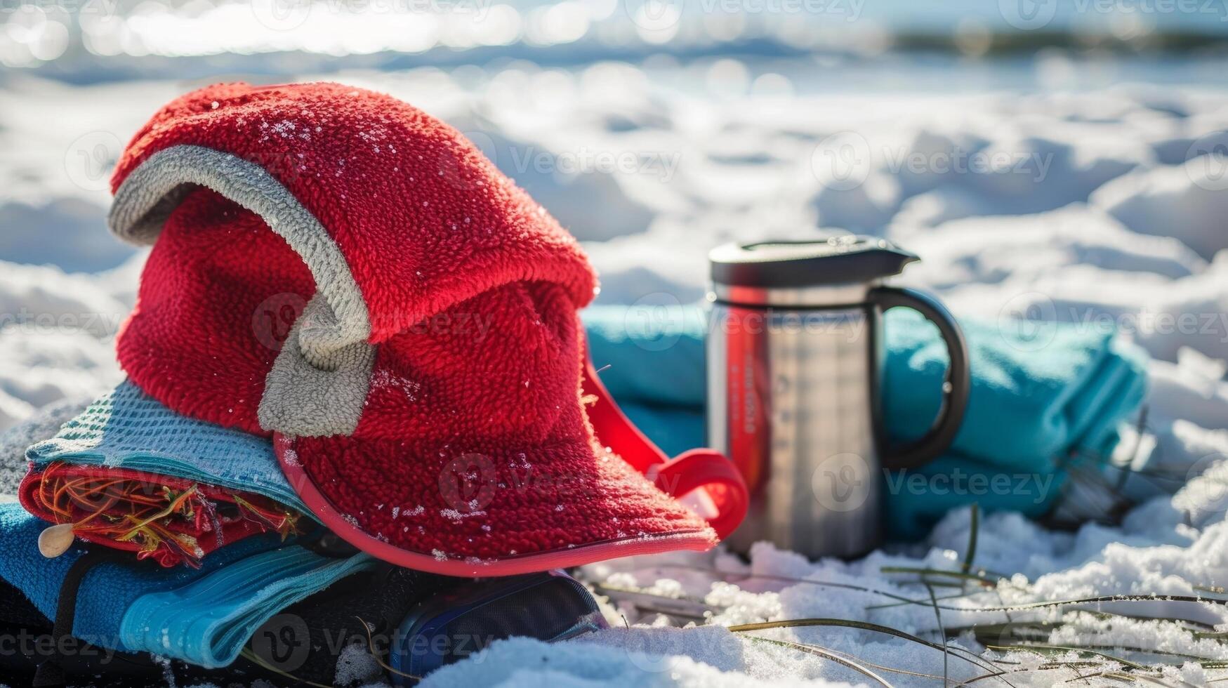 A red fleecelined swim cap with ear flaps and chin s is propped up next to a pile of towels and thermoses on a snowy beach photo