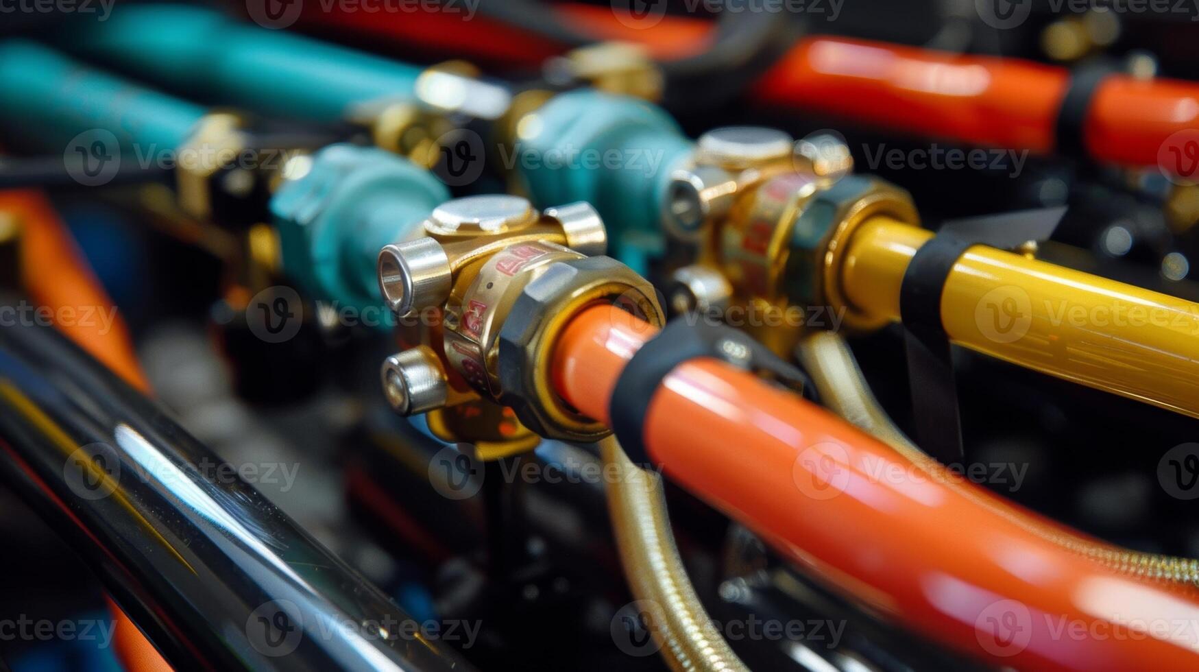 The varying thickness and color of the fuel lines indicate their different functions and sizes from the main supply line to the smaller feeder lines photo