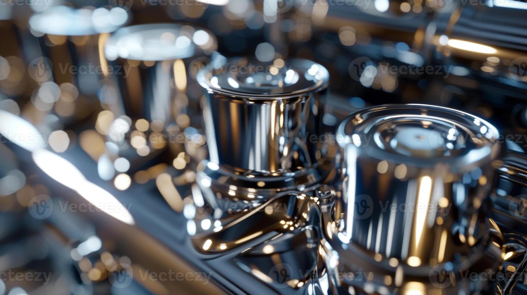 Closeup of an engine block made from shiny chrome with a smooth and reflective surface that catches the light photo