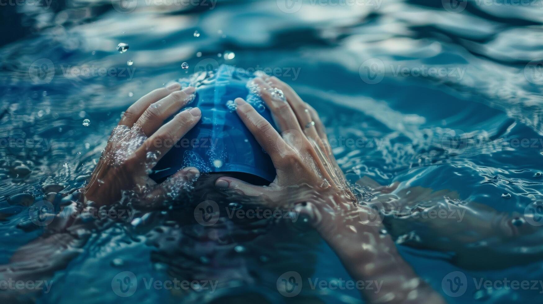 A closeup of someones hands nervously adjusting their swim cap before jumping into a frigid lake photo