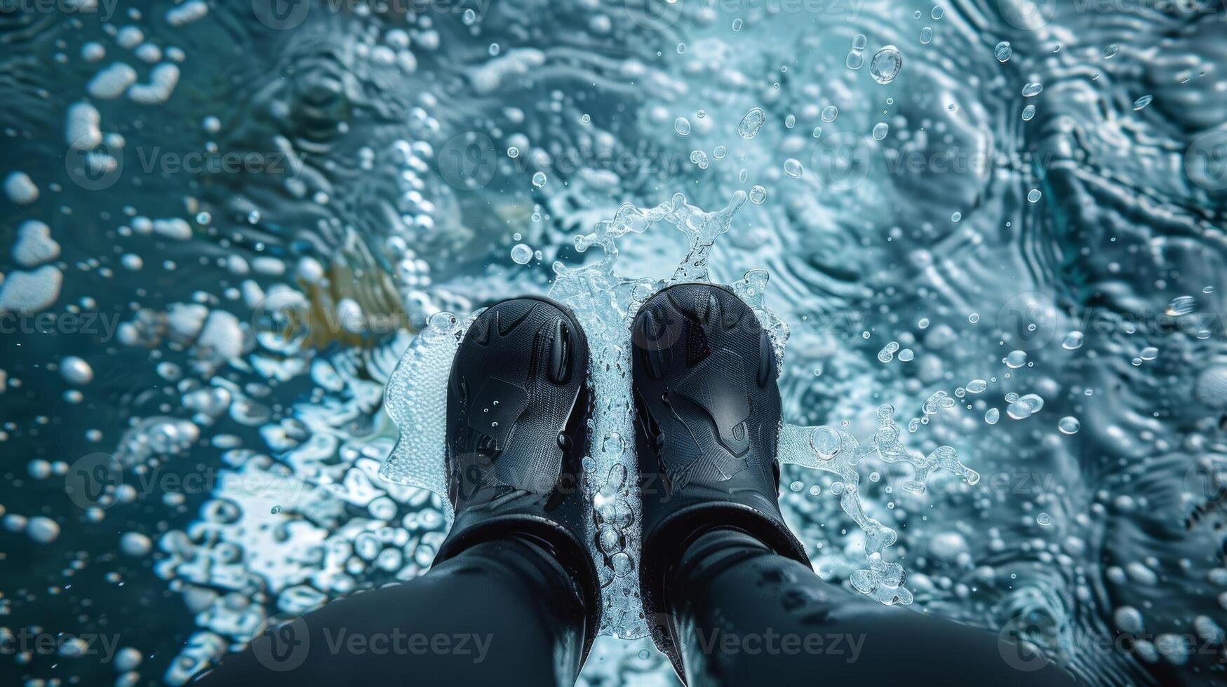 A persons feet are completely encased in neoprene dive boots which provide warmth and protection during cold water swims photo