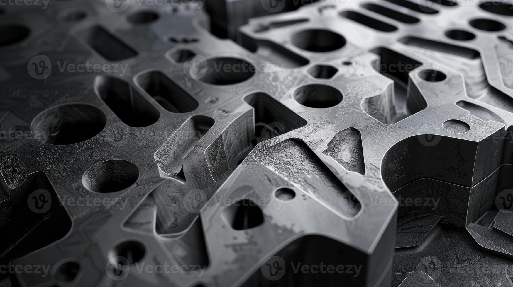 Closeup of an engine block made from matte black steel with bold and angular designs etched into its surface photo