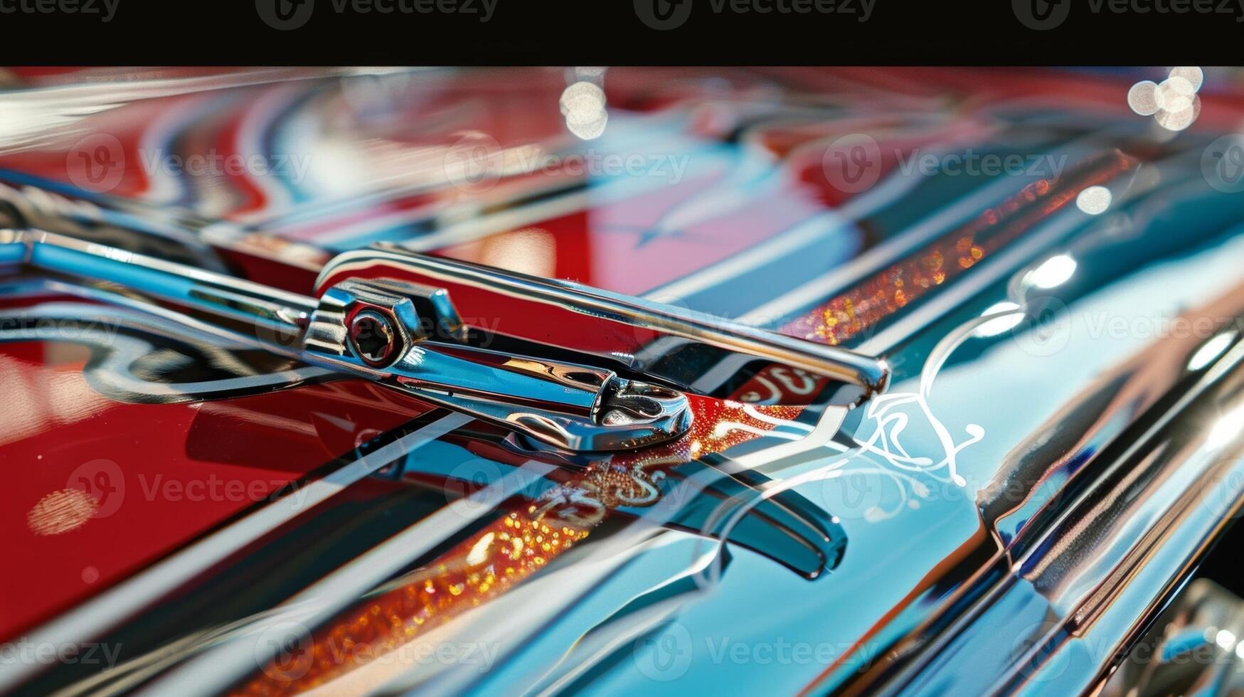 A detailed closeup of a hood latch on a custombuilt car with unique and intricate designs reflecting the owners personal style and preferences photo