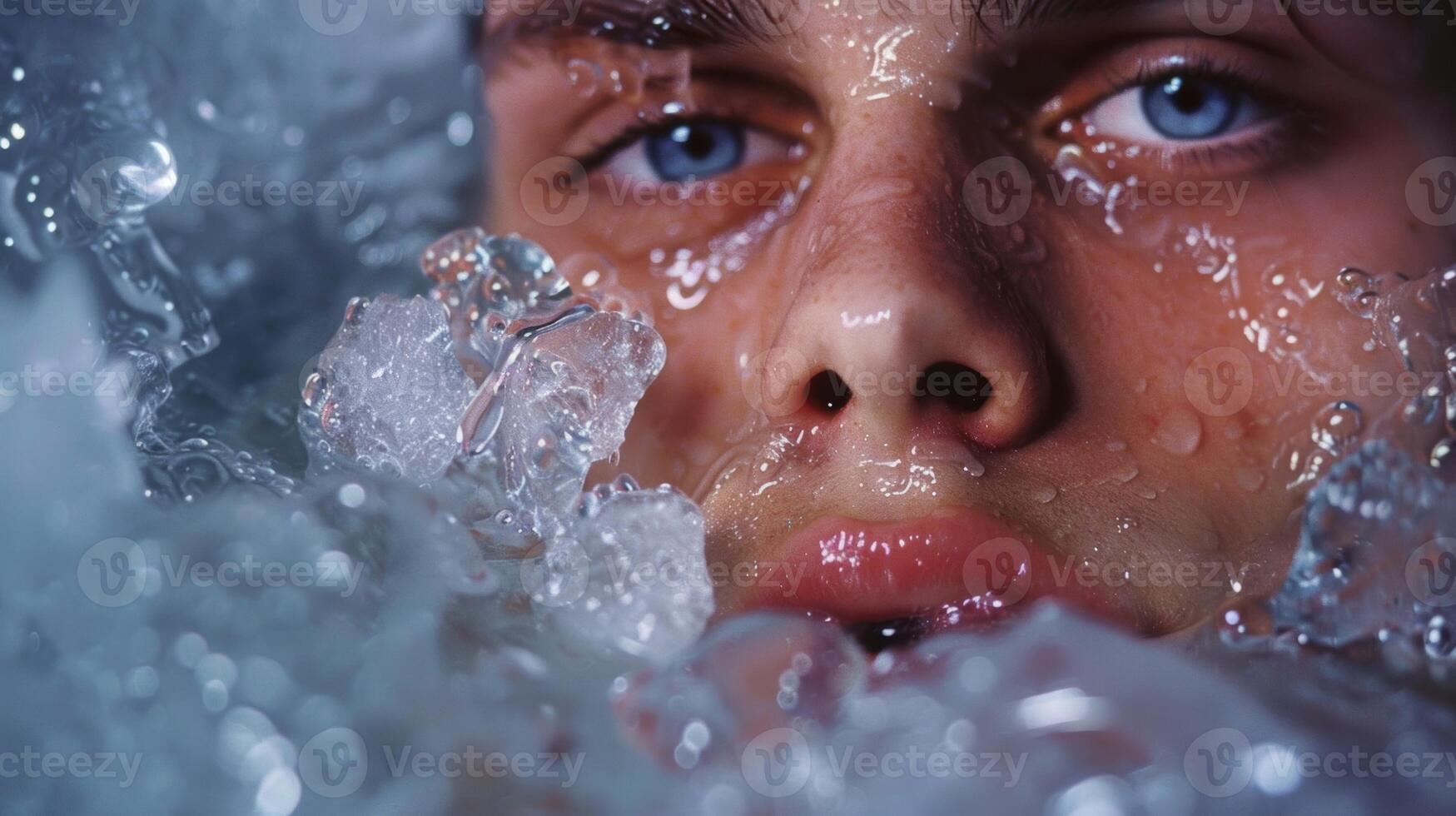 A closeup of a persons face as they submerge themselves in an ice bath their lips pursed in preparation for the cold shock photo