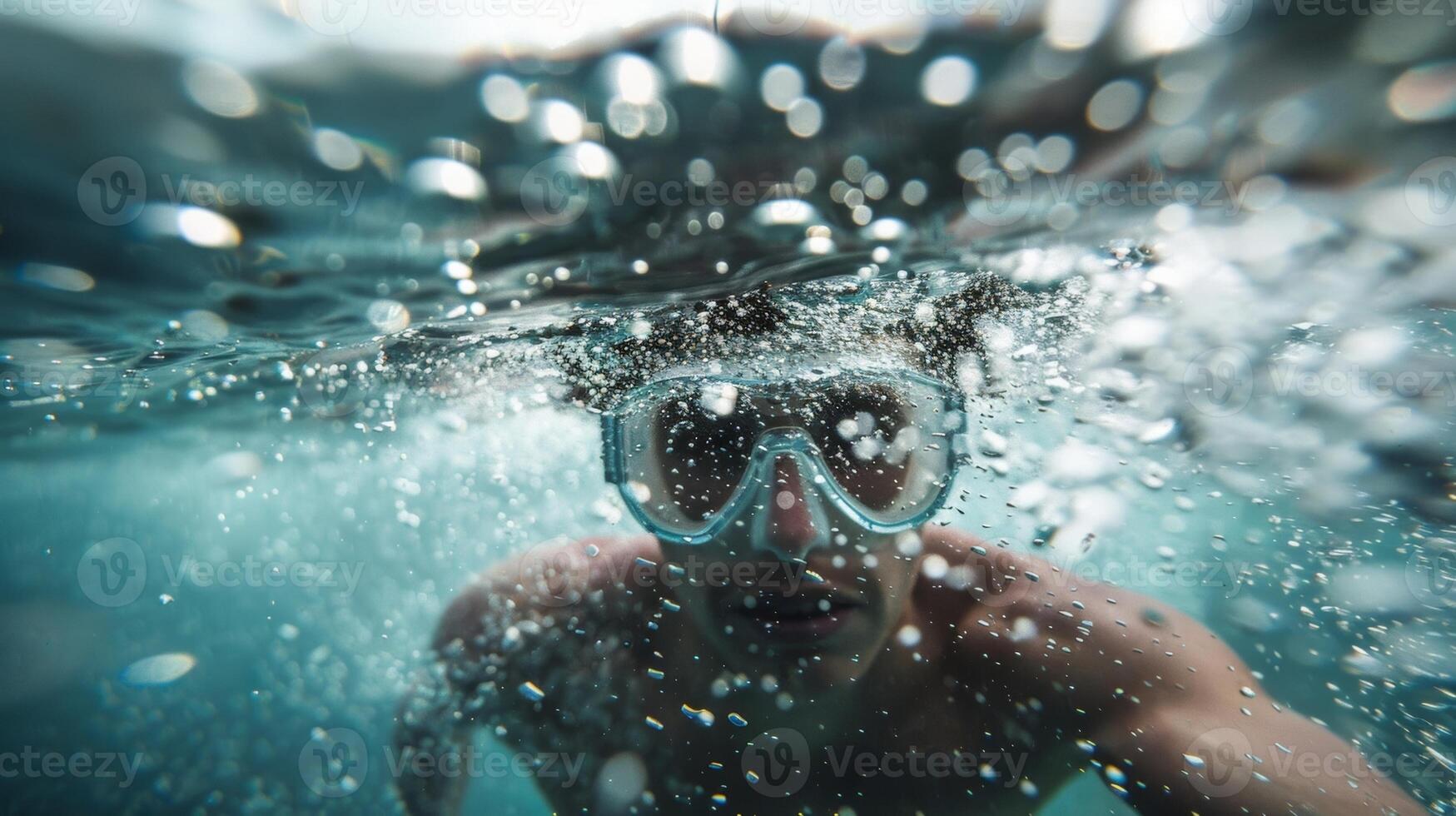 A blurry image of a person swimming in the freezing water captured from beneath the surface photo