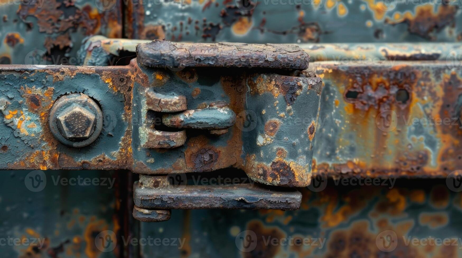 A photograph of a hood latch on a vintage car with rust and wear visible on the metal components photo
