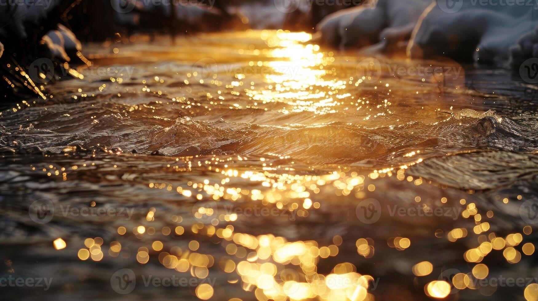The light of the setting sun casting a warm glow on the surface of a frigid forest stream where a brave soul is taking an ice plunge photo