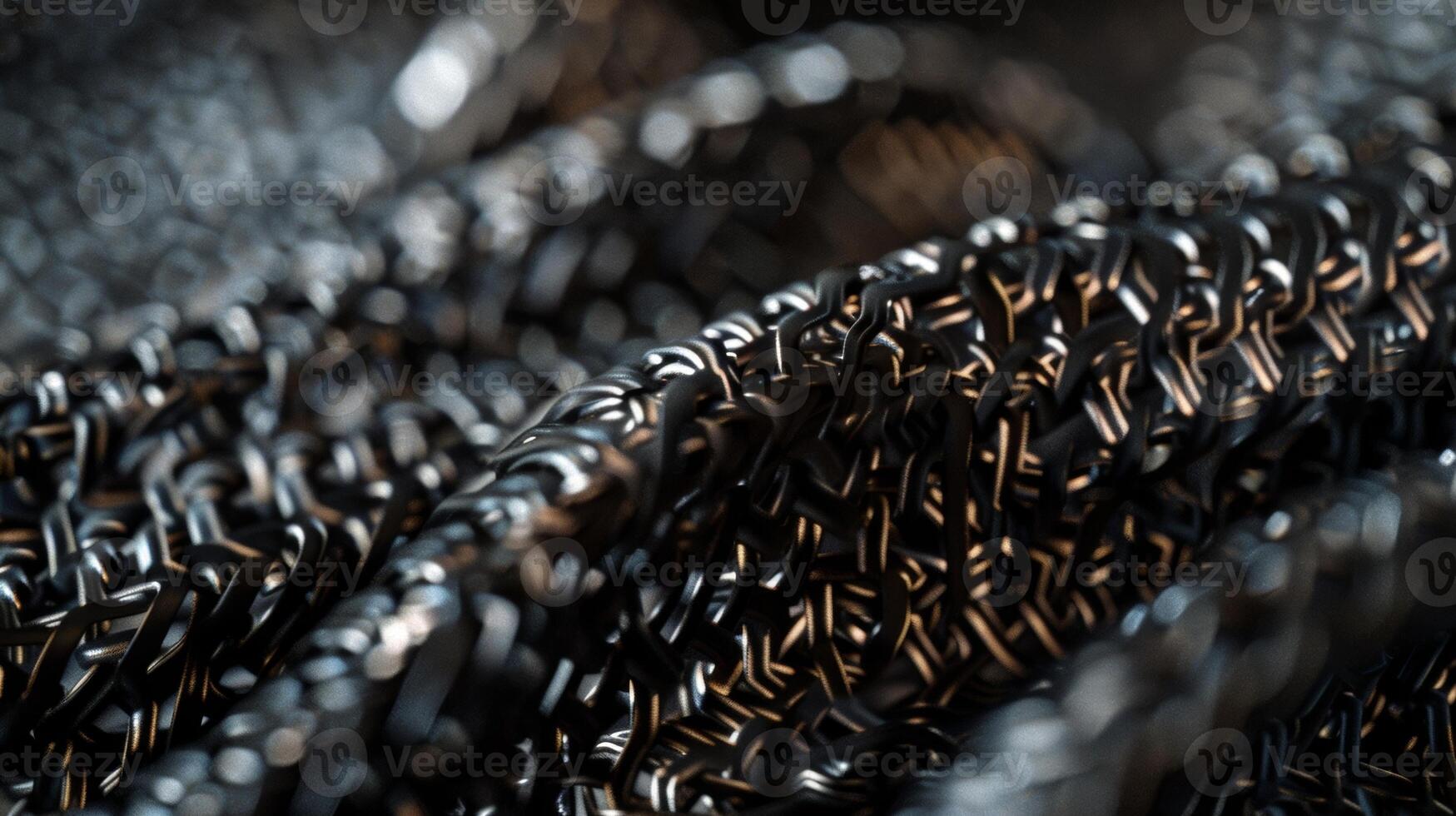 The camera zooms in giving us a birds eye view of the tightly woven fibers that make up the complex web of the engine belt. The fibers are black and shiny reflecting the light and givin photo