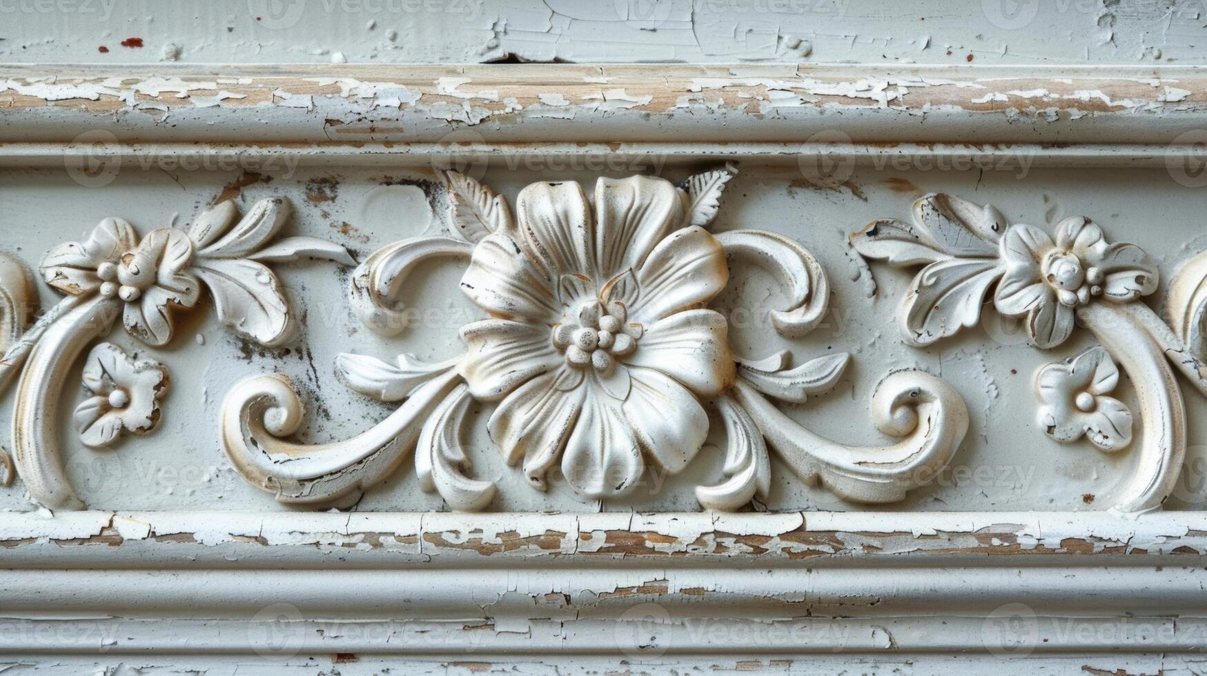 A closeup of a vintageinspired interior trim with intricate floral carvings and a distressed white paint finish giving a shabby chic vibe photo