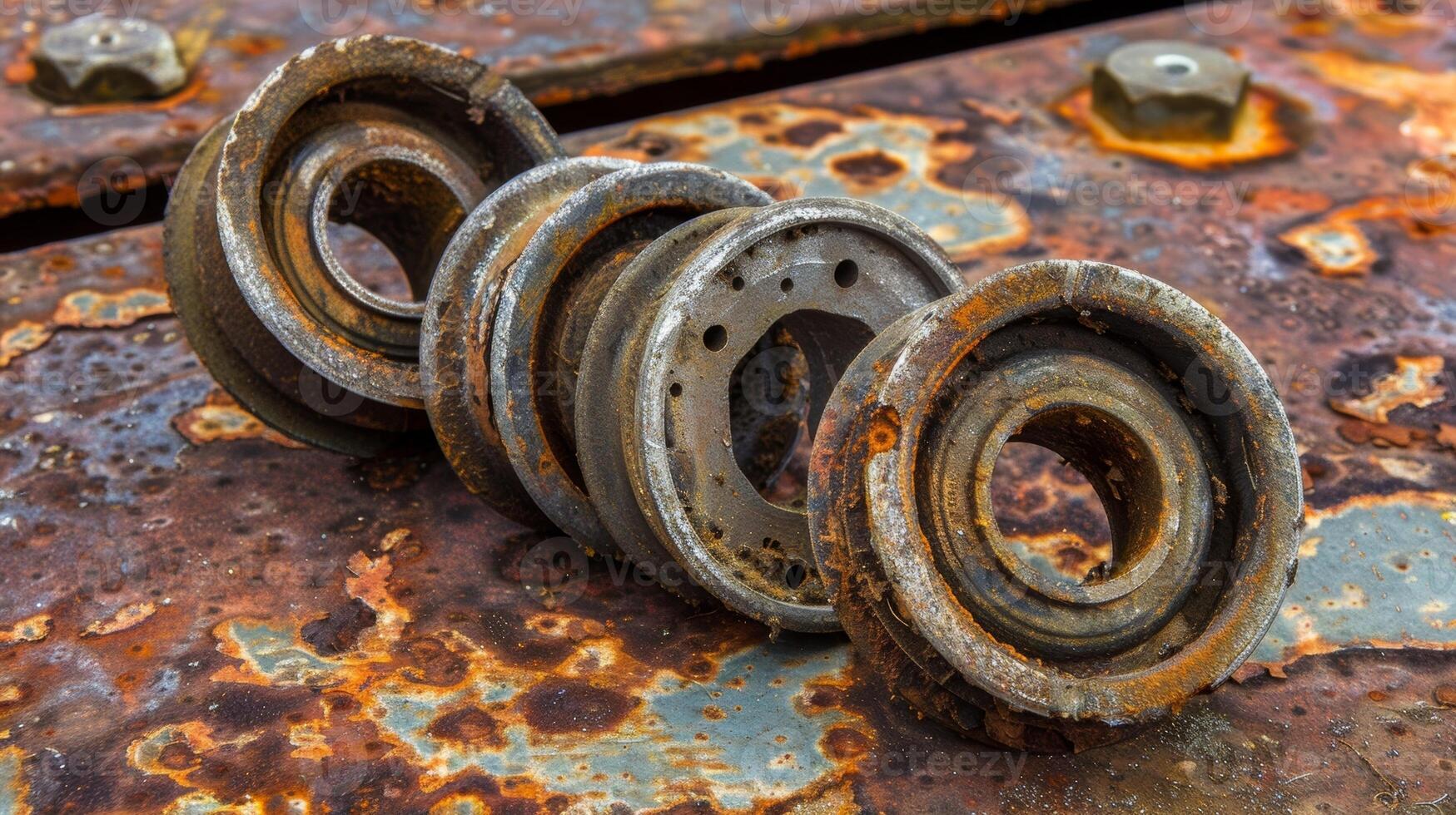 A set of old rusted wheel bearings lying on a rusty metal sheet highlighting their worn out and damaged state photo