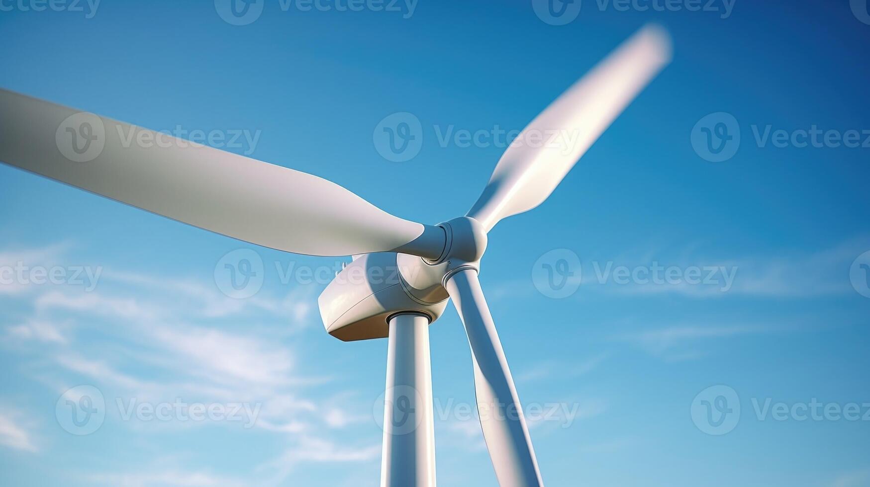 Detailed shot of a spinning wind turbine blade casting a shadow on a bright blue sky. photo