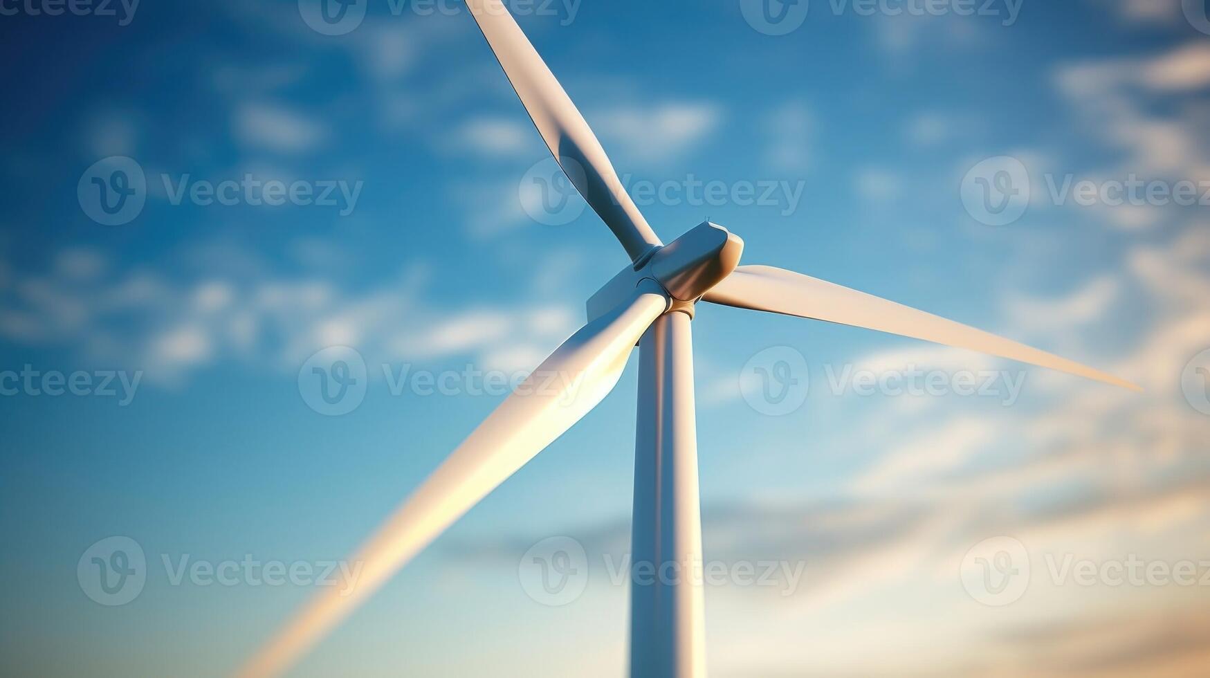 Closeup of the slender, modern design of a wind turbine with sleek blades ting through the air. photo