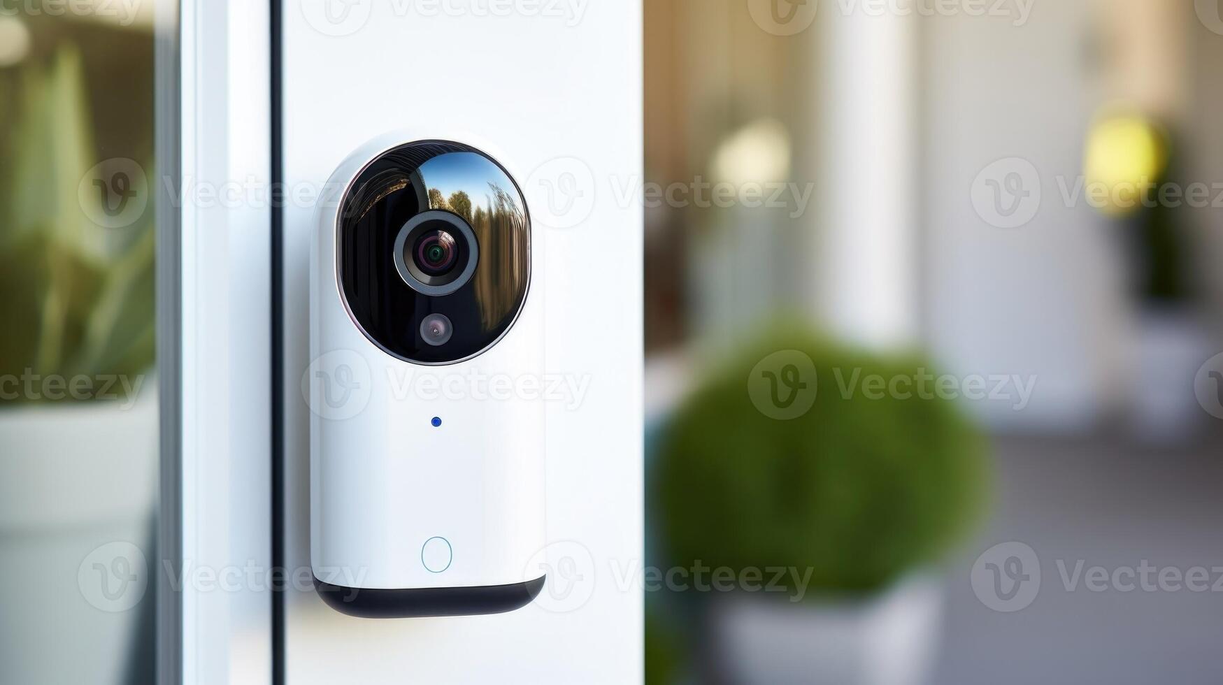 Closeup of a security camera, streaming live footage of a smart homes front door on a smartphone. photo