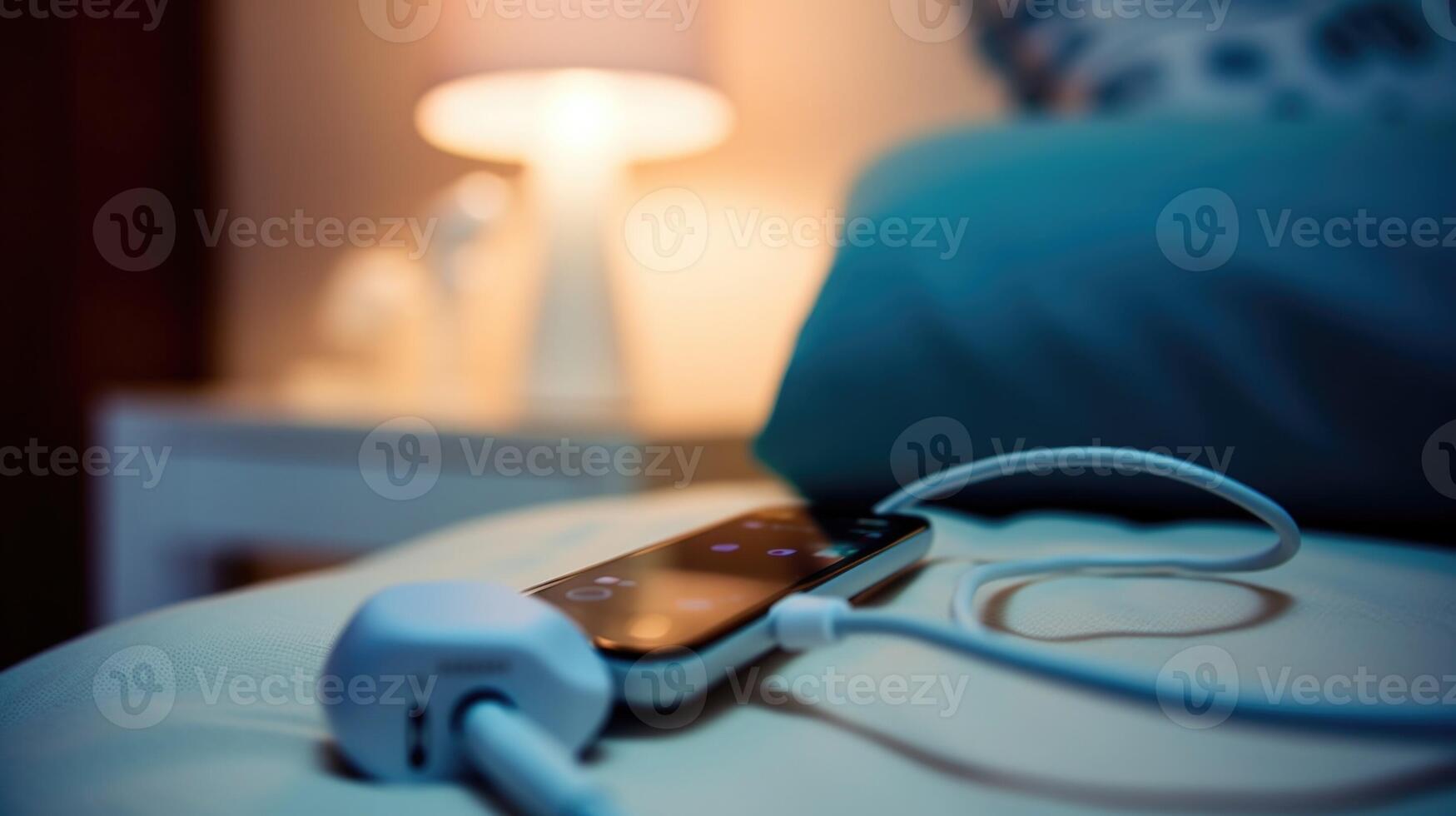 Closeup of a phones charging cable plugged into a device running a baby monitor app. photo