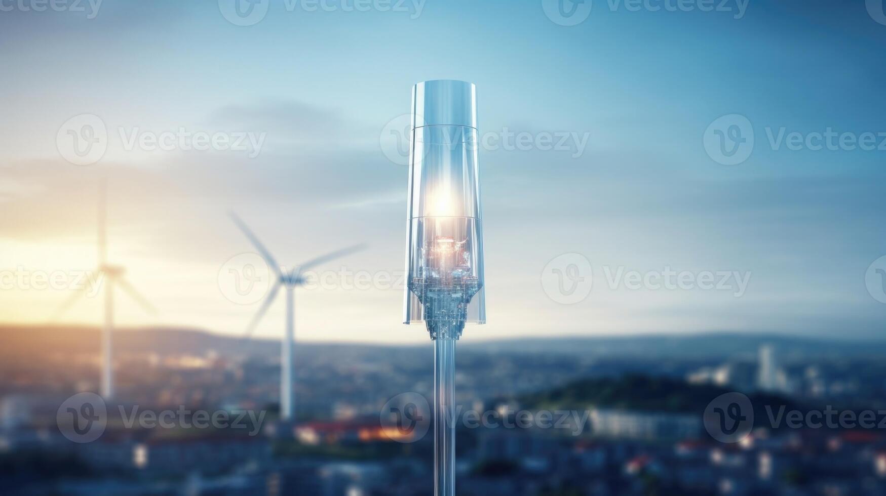 Close view of a wind turbine tower towering over the surrounding city buildings. photo
