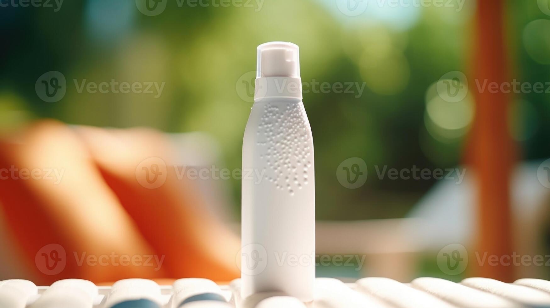Closeup of a white sunscreen bottle with droplets of lotion on the nozzle. photo