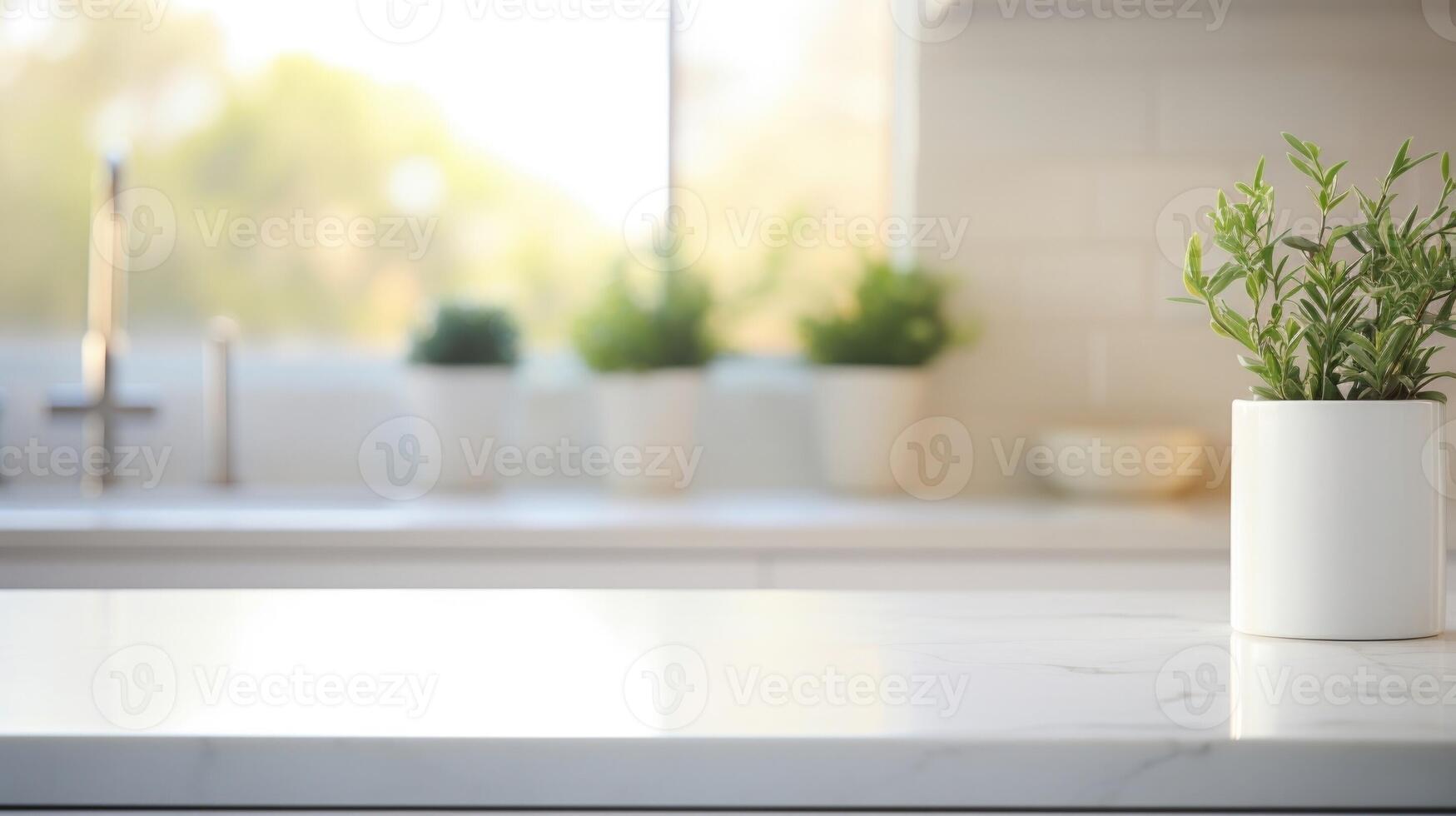 Detailed shot of a minimalist kitchen with white cabinets and a marble countertop. photo
