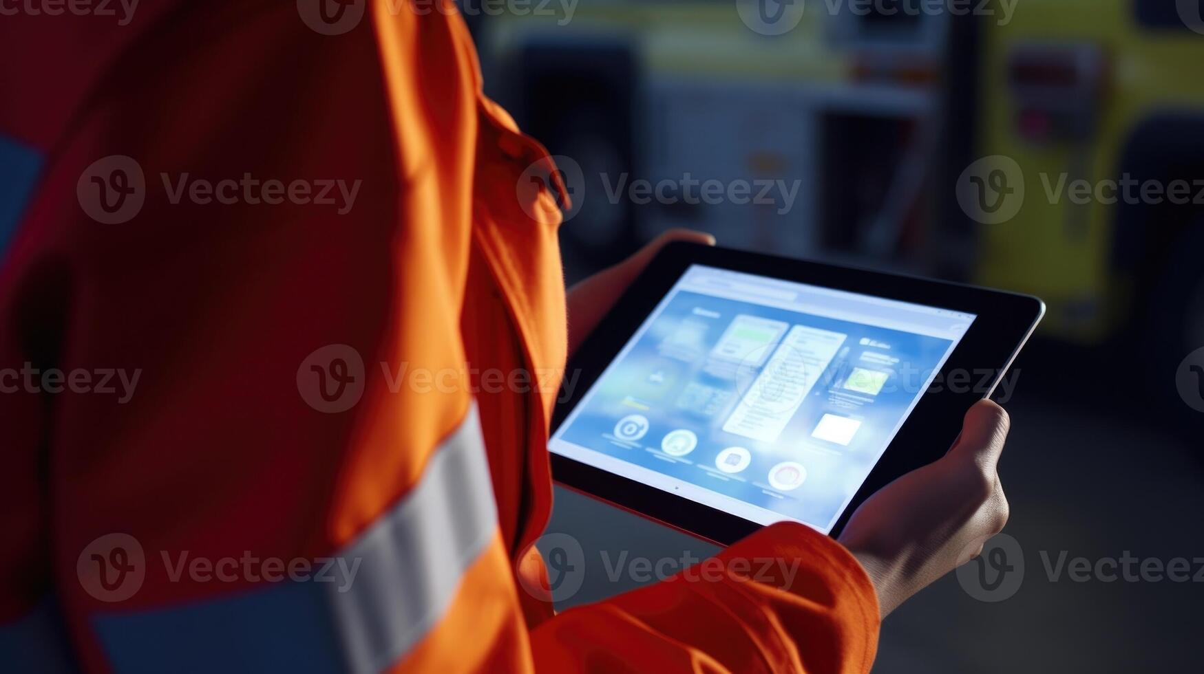 Closeup of a virtual nurse avatars hand holding a digital tablet, displaying vital signs of a patient. photo