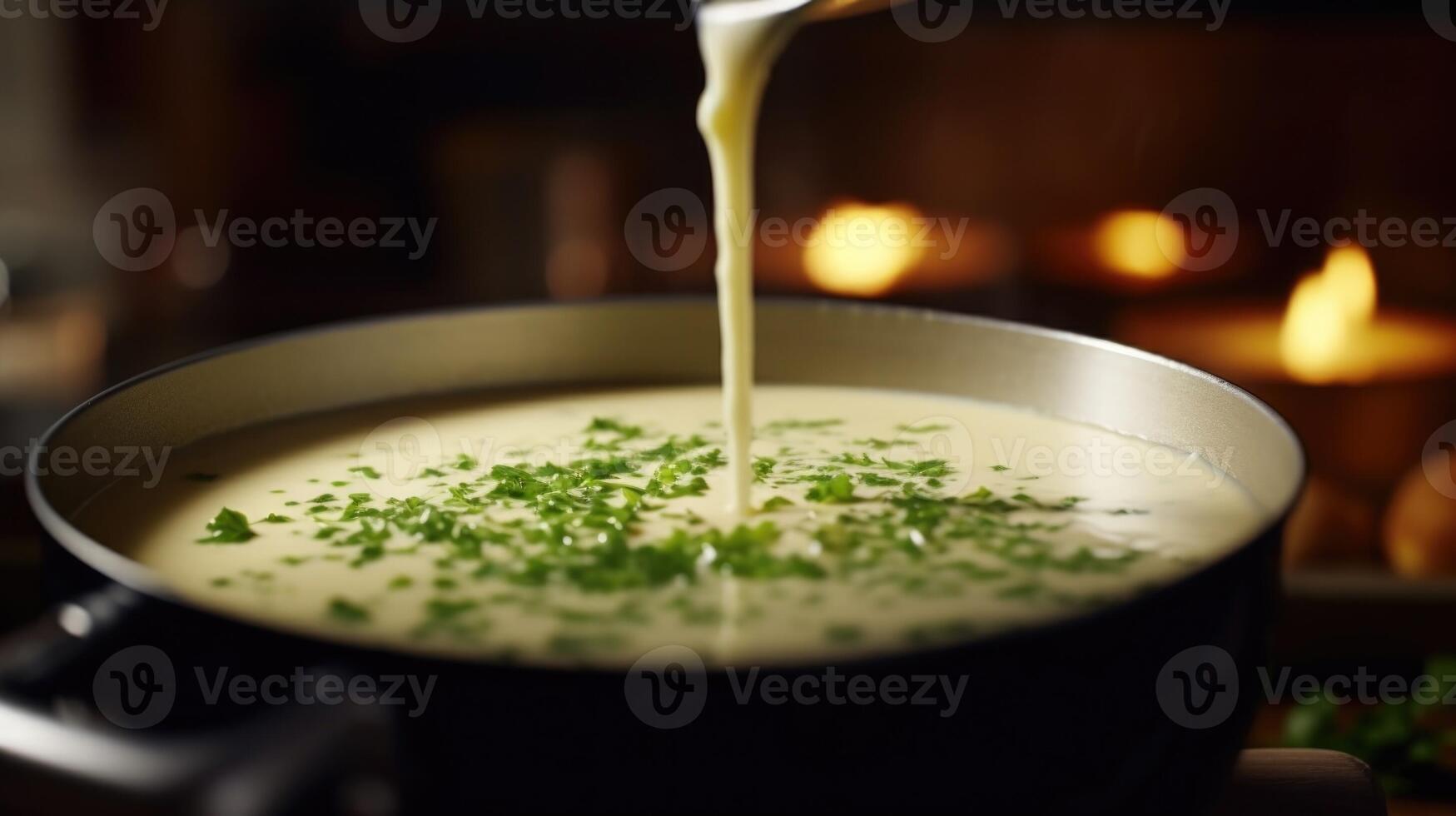 Closeup of a mixing s stirring a creamy and nutritious soup in a bubbling pot. photo
