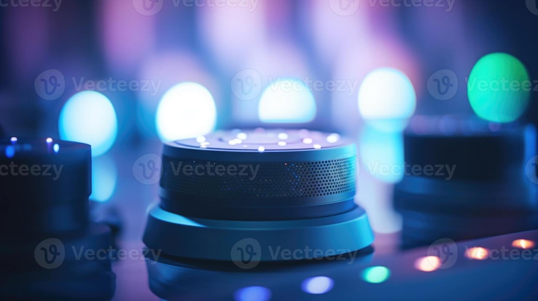 Closeup of a voiceactivated speaker system, with advanced sound control options. photo
