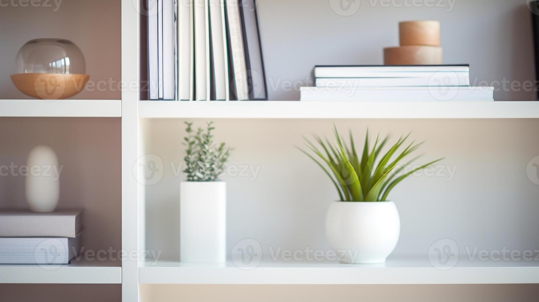 Closeup of a sleek white bookshelf with minimal decor items. photo